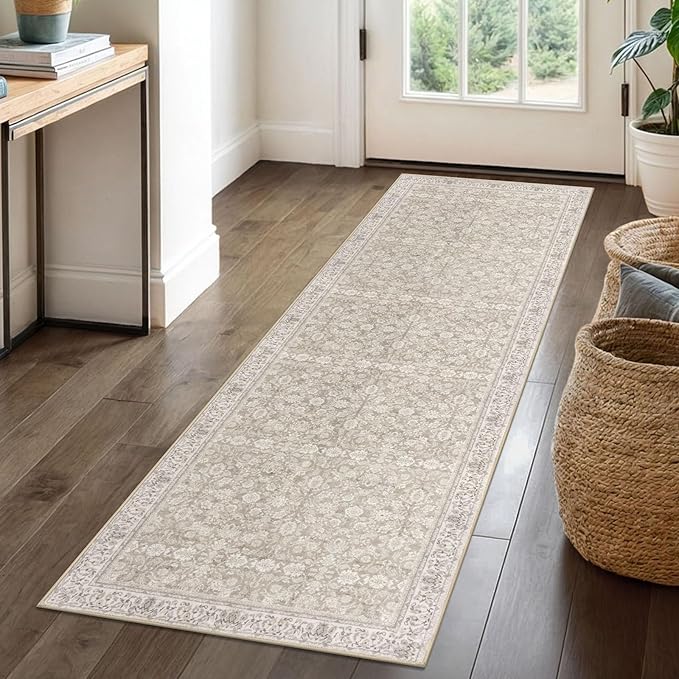 2x6 Washable Runner Rug for Hallways, Cream Beige Yellow White Grey Soft Neutral Vintage Kitchen Rugs with Non-Slip, Non-Shedding Distressed Floral Rug for Bedroom Porch Laundry Entryway