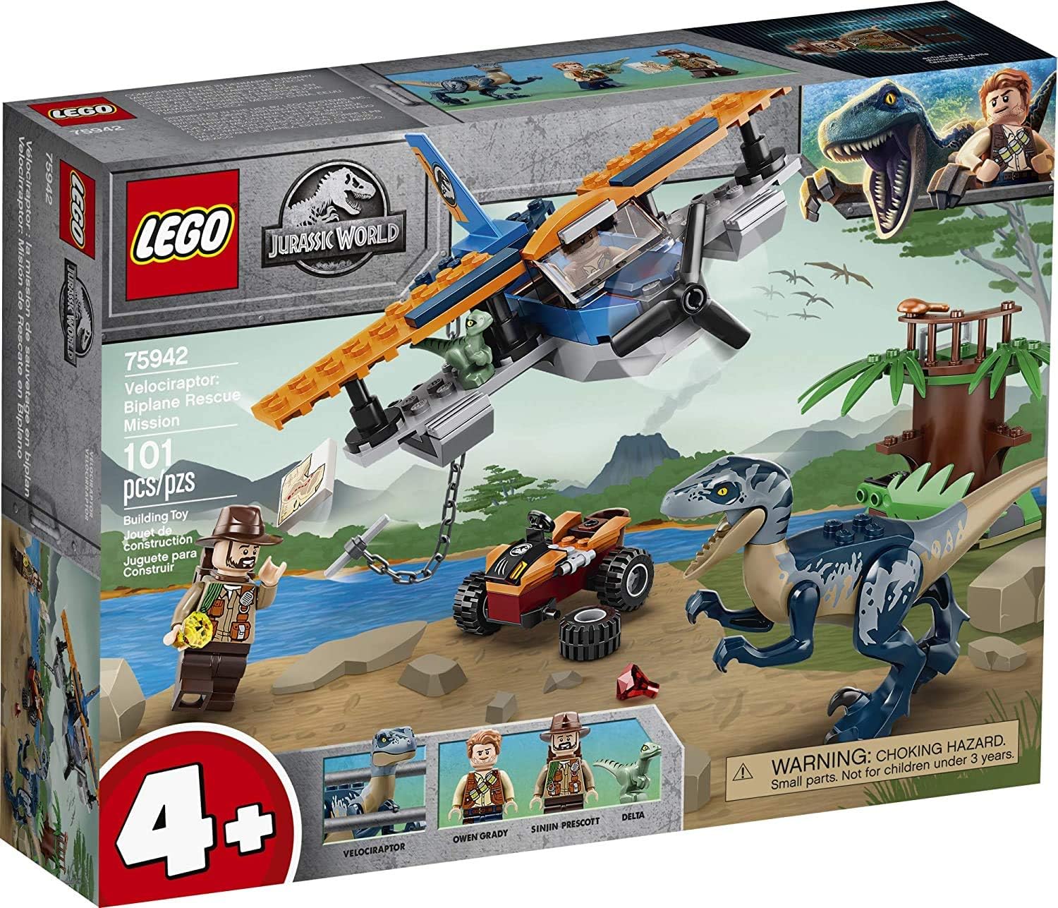 Jurassic World Velociraptor: Biplane Rescue Mission 75942, Dinosaur Toy for Preschool Kids, Featuring a Buildable Plane Toy, Posable Velociraptor, and Baby Raptor Delta, New 2020 (101 Pieces)