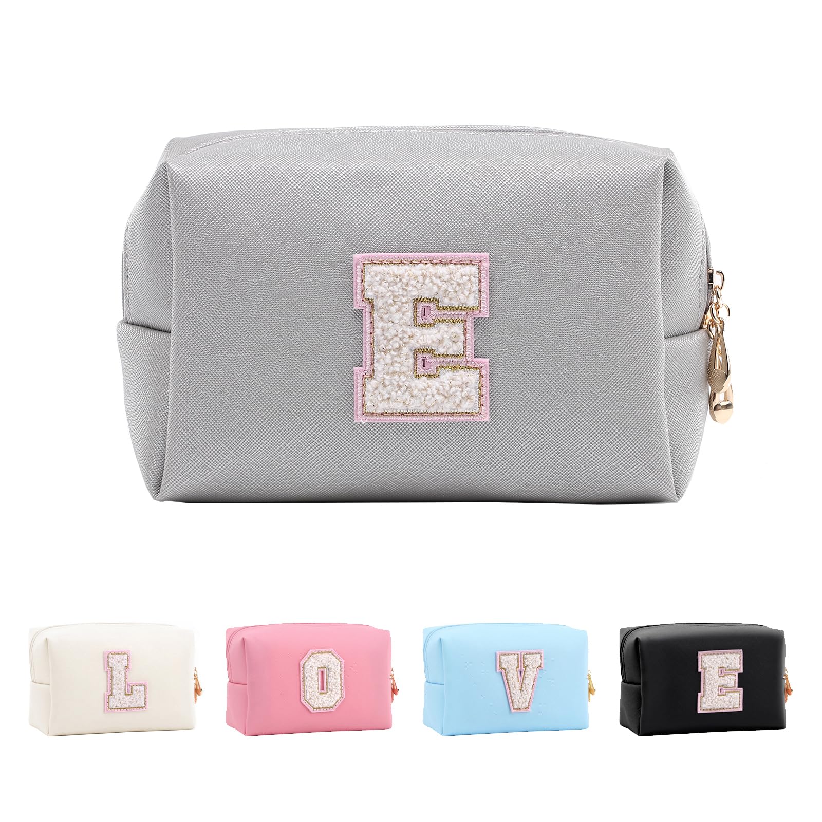 Small Personalized Initial Letter Makeup Bag, Cute Waterproof PU Leather Chenille Letter Cosmetic Bag Travel Makeup Bag, Preppy Makeup Pouch Toiletry Zipper Pouch Organizer for Women and Girls — view 269