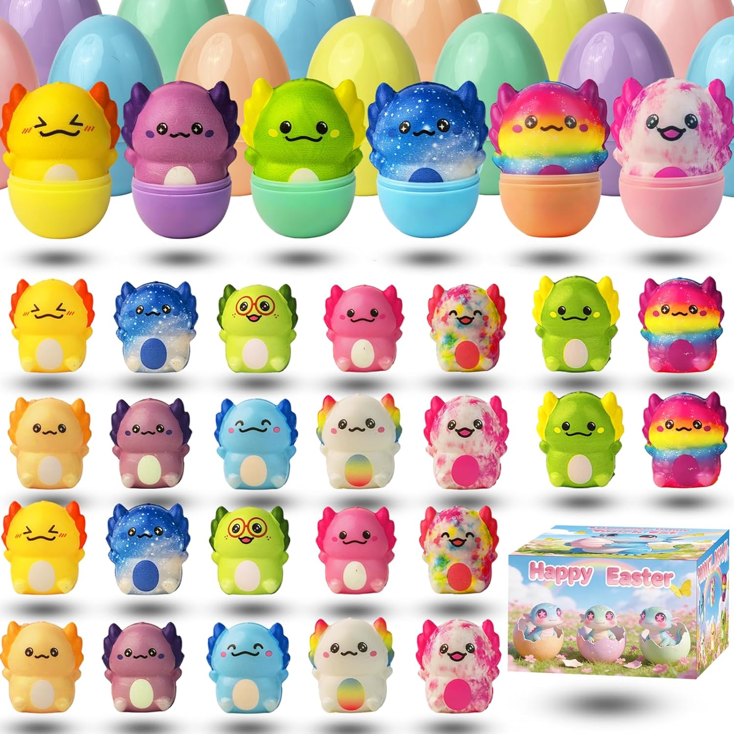 24 Pack Prefilled Easter Eggs with Axolotl Slow Squishy Toys, Easter Basket Stuffers, Easter Eggs Filled Squishy Toy for Kids, Easter Gift, Axolotl Party Favors