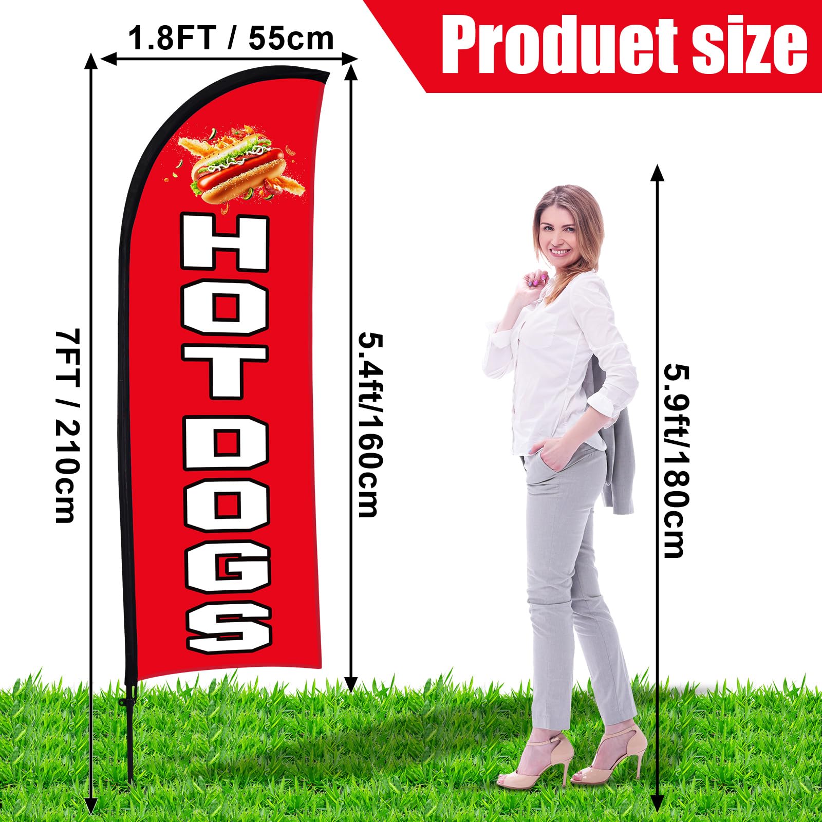 Buryeah 2 Sets Hot Dogs Federflaggen-Set, 2,1 x 1,6 m, Hot Dogs Swooper Flaggenmast Kit mit Stange, Erdspieß und tragbarer Tasche, Hot Dog-Schild für Restaurant, Werbung, Geschäft, Außenboden