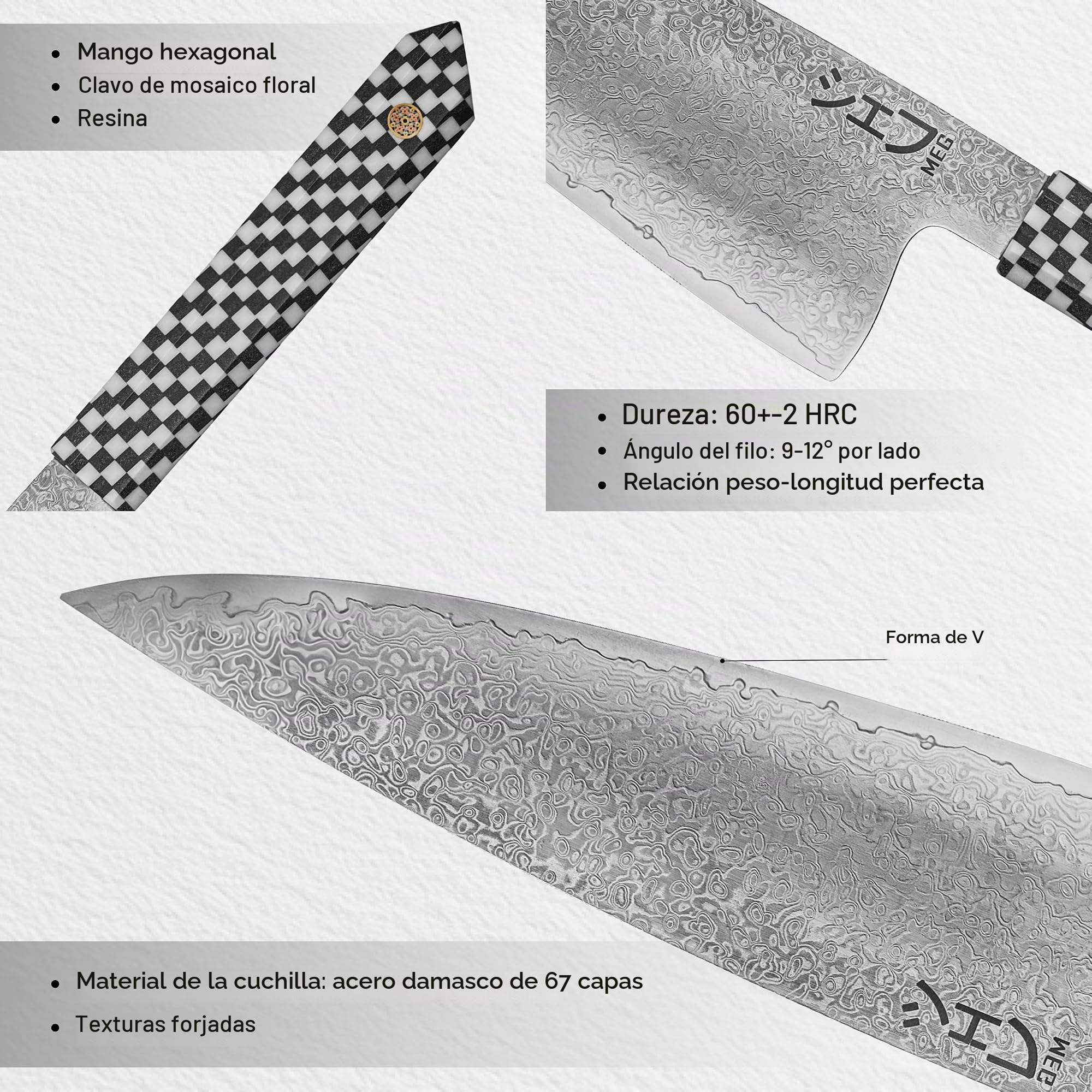 MEG Cuchillo Chef Gyuto Japonés 20,5 cm, Damasco 67 Capas con Patrón Gotas de Lluvia, Núcleo 10Cr15CoMoV, hasta 62 HRC, Mango Octogonal de Resina, Caja de Acacia