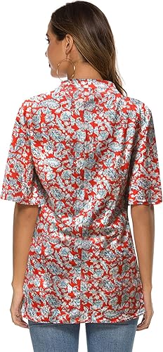 Miniatura 5 de HOCOSIT - Blusa túnica con mangas arrugadas y volante delantera, cuello en V, con botones, para mujer, con estampado floral