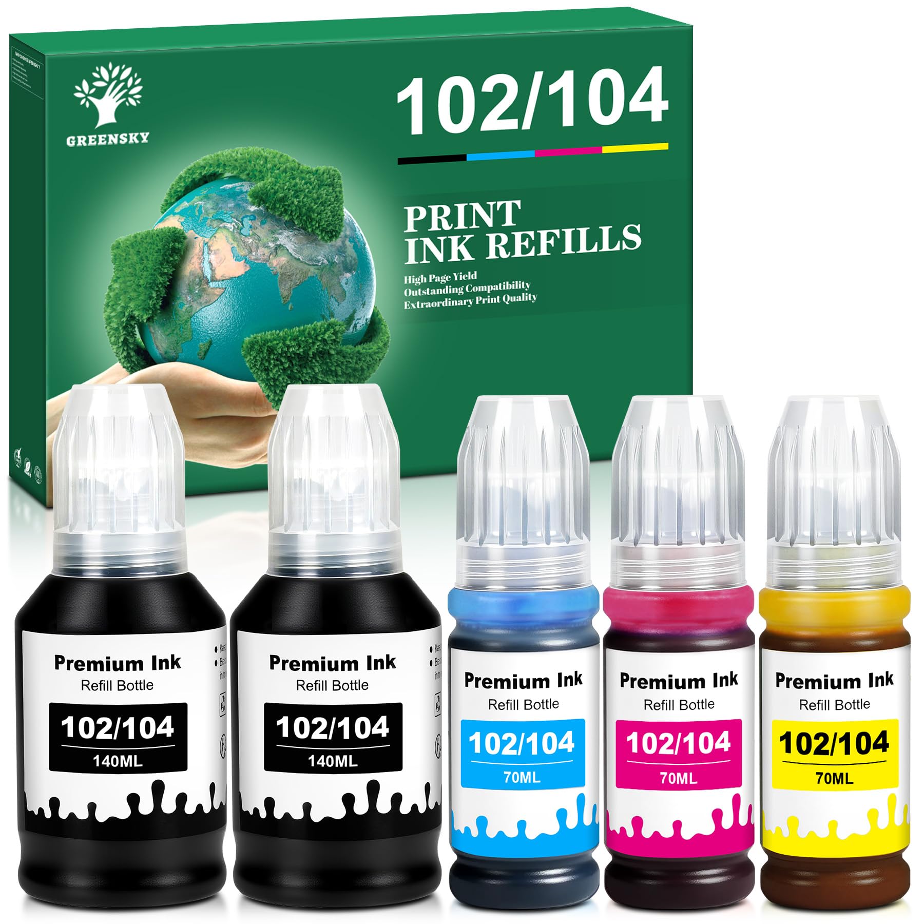 GREENSKY 102 104 Inchiostro a Coloranti - Flaconi compatibili con Epson 102 e 104 Multipack per Epson EcoTank ET-2850, ET-2851, ET-2710, ET-2720, ET-2830, ET-2870, ET-3850, ET-4800, ET-4850 (5 Pack)