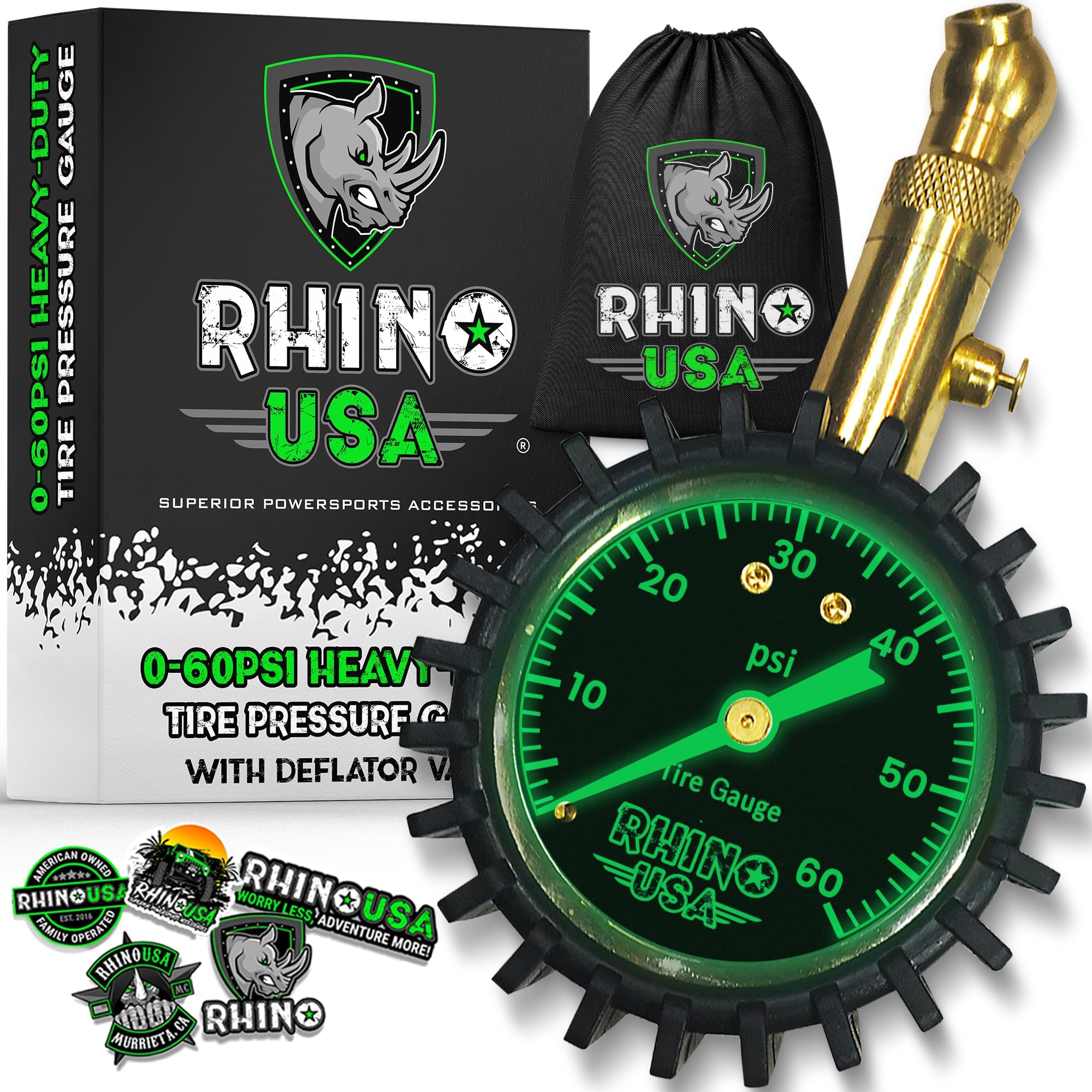 Heavy Duty Tire Pressure Gauge (0-60 PSI) - Certified ANSI B40.1 Accurate, Large 2" Easy Read Glow Dial, Braided Hose, Solid Brass Hardware, Best for Any Car, Truck, Motorcycle,