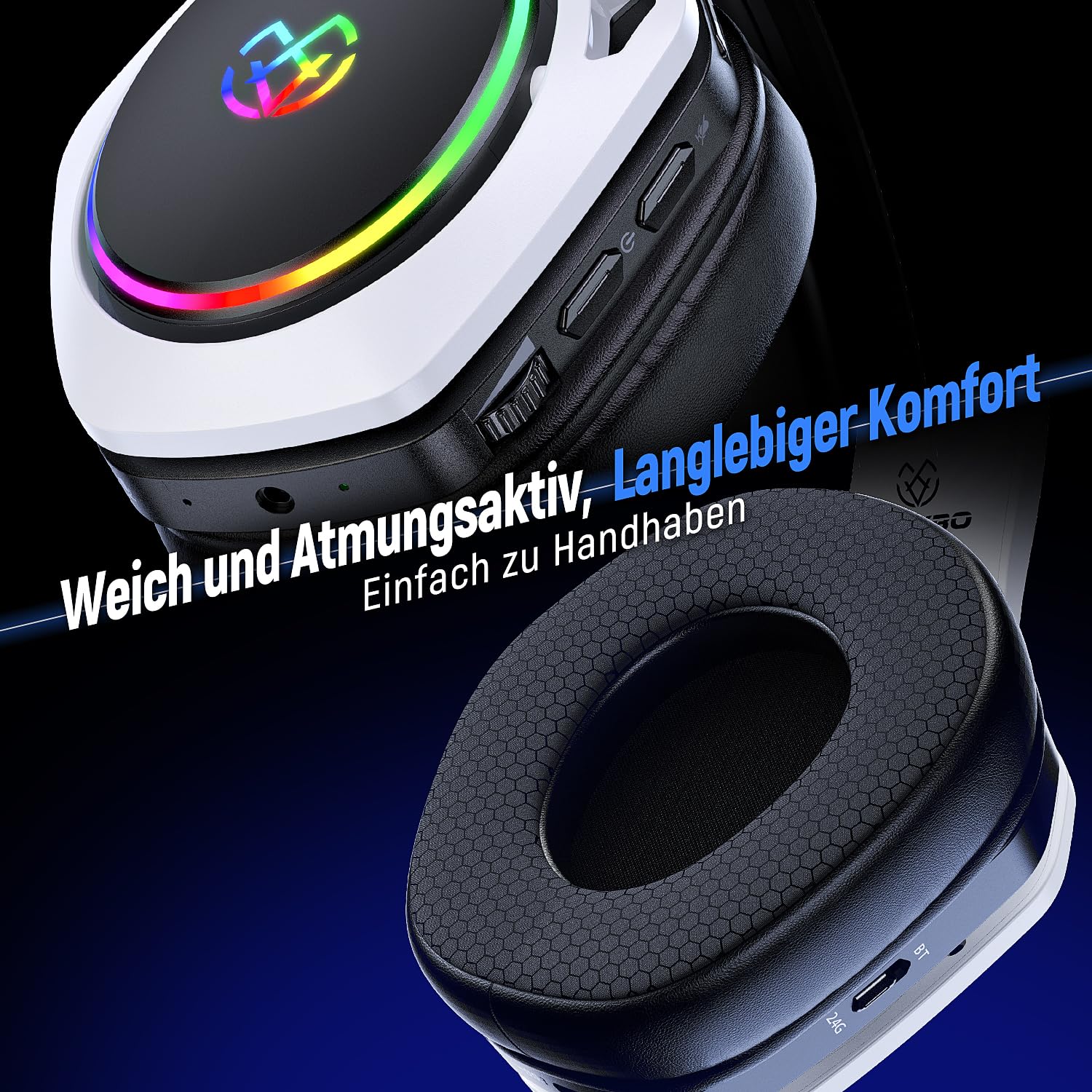 Tatybo Bezprzewodowy zestaw słuchawkowy gamingowy do Ps5/Ps4/PC/Switch, 2,4 GHz i Bluetooth, opóźnienie poniżej 25 ms, czas pracy 35 godzin, oddychające nauszniki, RGB, bezprzewodowy zestaw