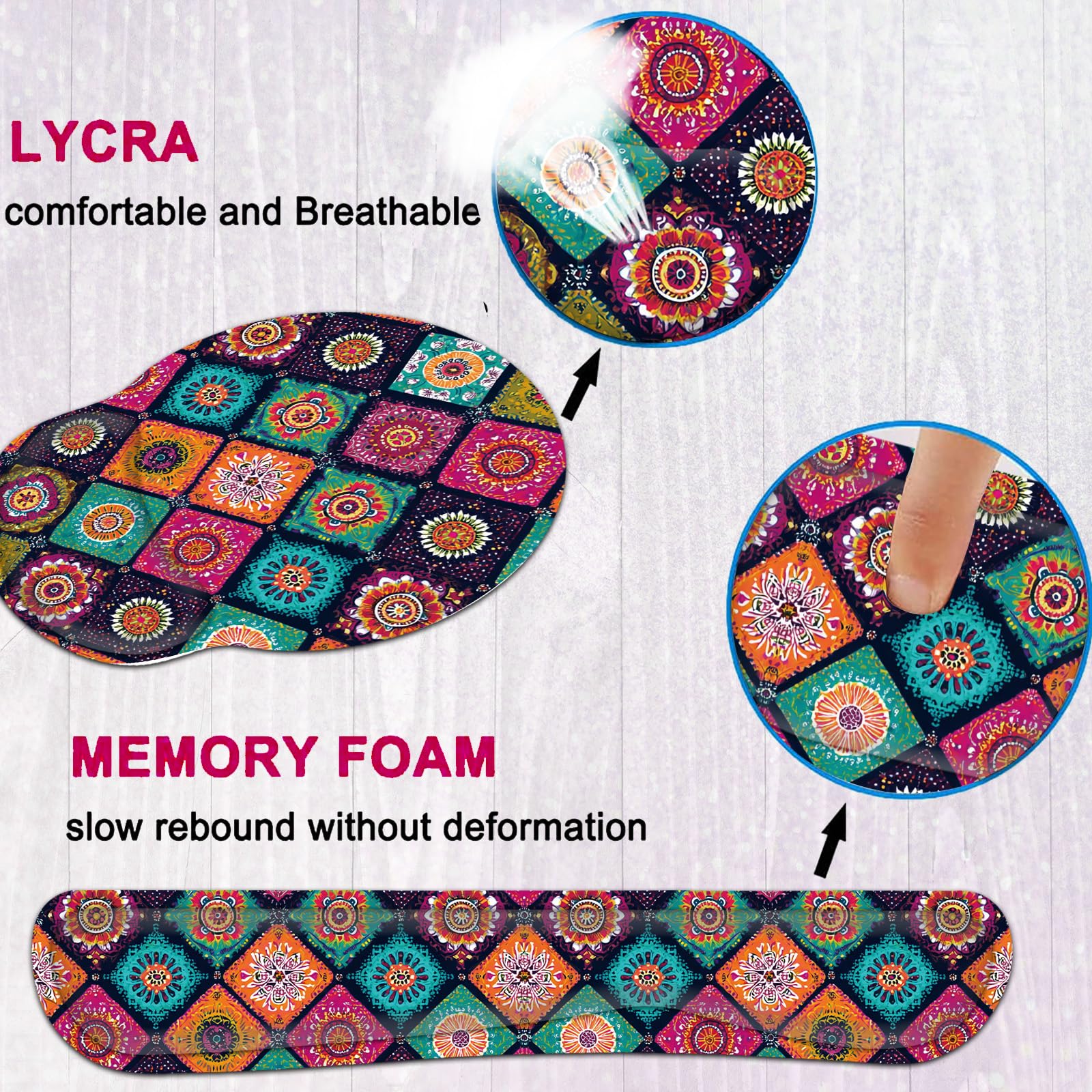 Repose-poignet pour clavier et souris avec dessous de verre - Base antidérapante en polyuréthane avec mousse à mémoire de forme ergonomique surélevée pour taper et soulager la douleur - Mandala floral