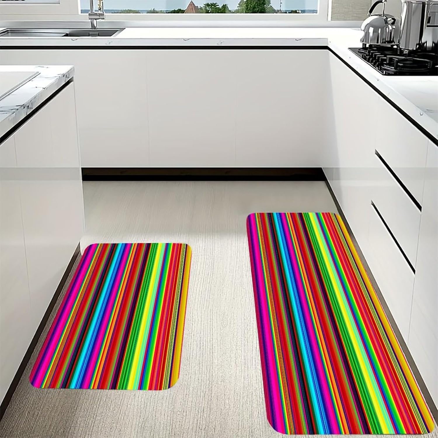 Colorful Mexican Stripes Kitchen Mat Set of 2 Ergonomic Comfort Velvet Rugs Cushioned Anti-Fatigue Non-Slip Standing Mats Thick Kitchen Floor Mat Carpet Runner Rugs 16"×24"+17"×47"