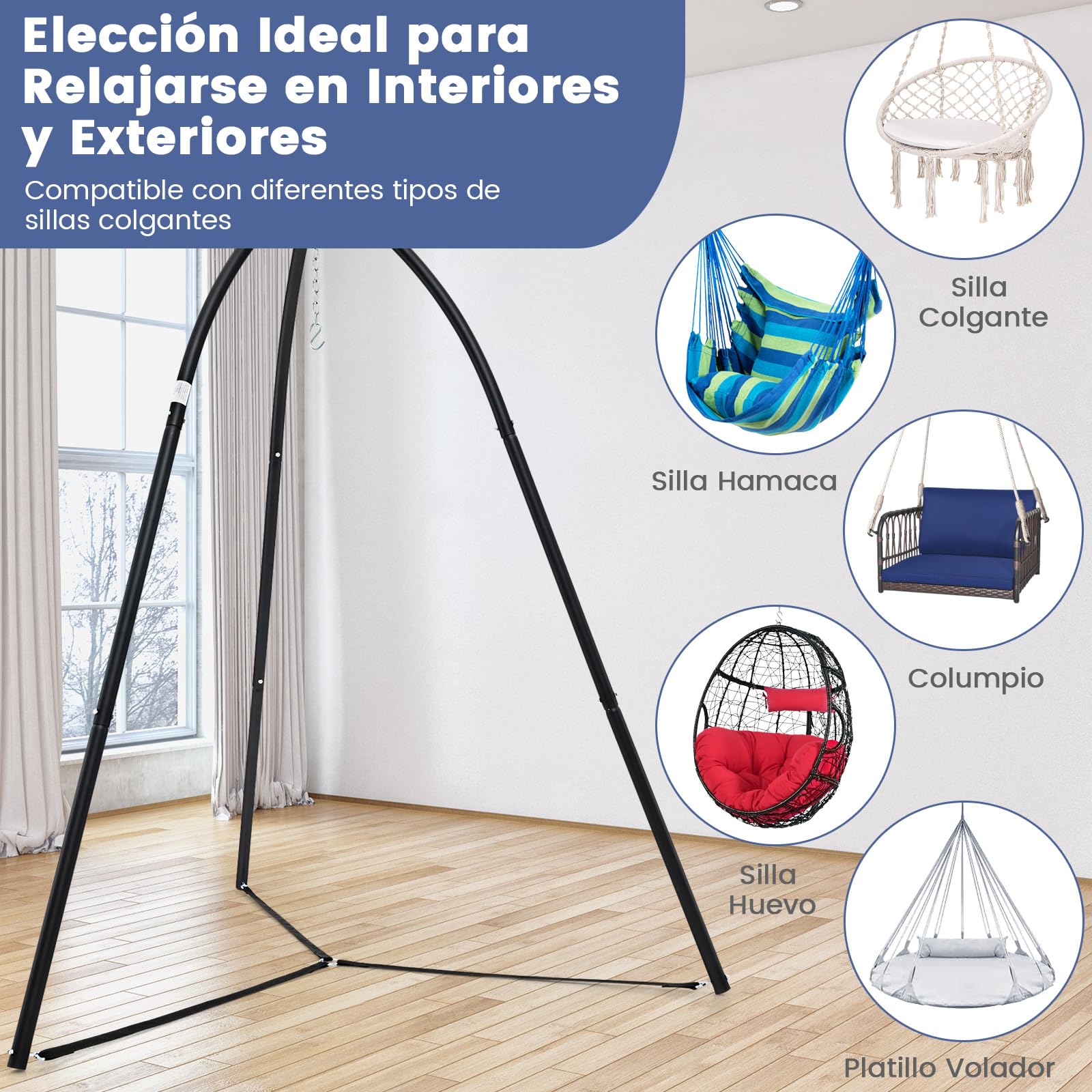 COSTWAY Soporte para Silla Colgante, Soporte Hamaca con Trípode Oscilante, Marco de Metal, Carga 200kg, Soporte de Columpio Interior Exterior