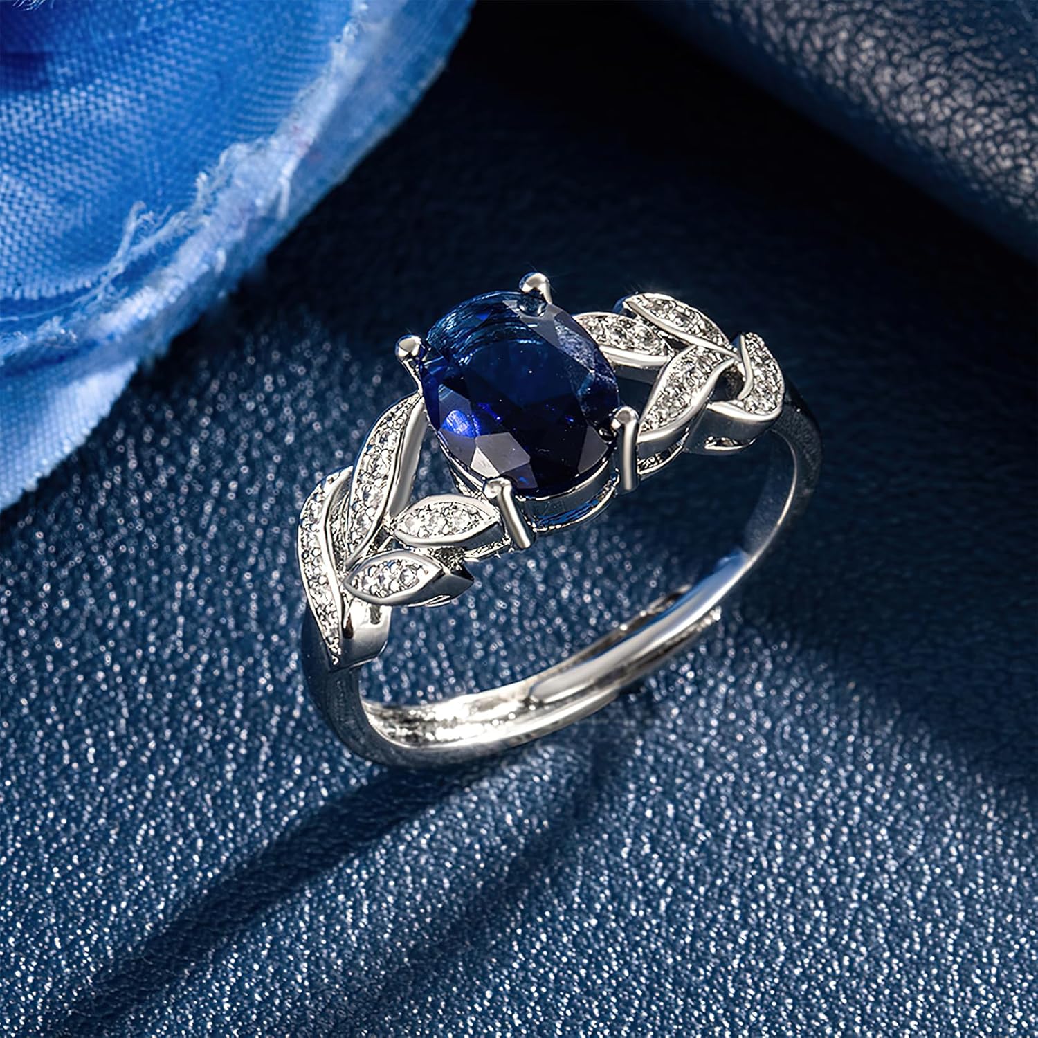 Oval Created Blue Sapphire Rings for Women, Fashion Gemstone Jewelry Adjustable Size - Image 4