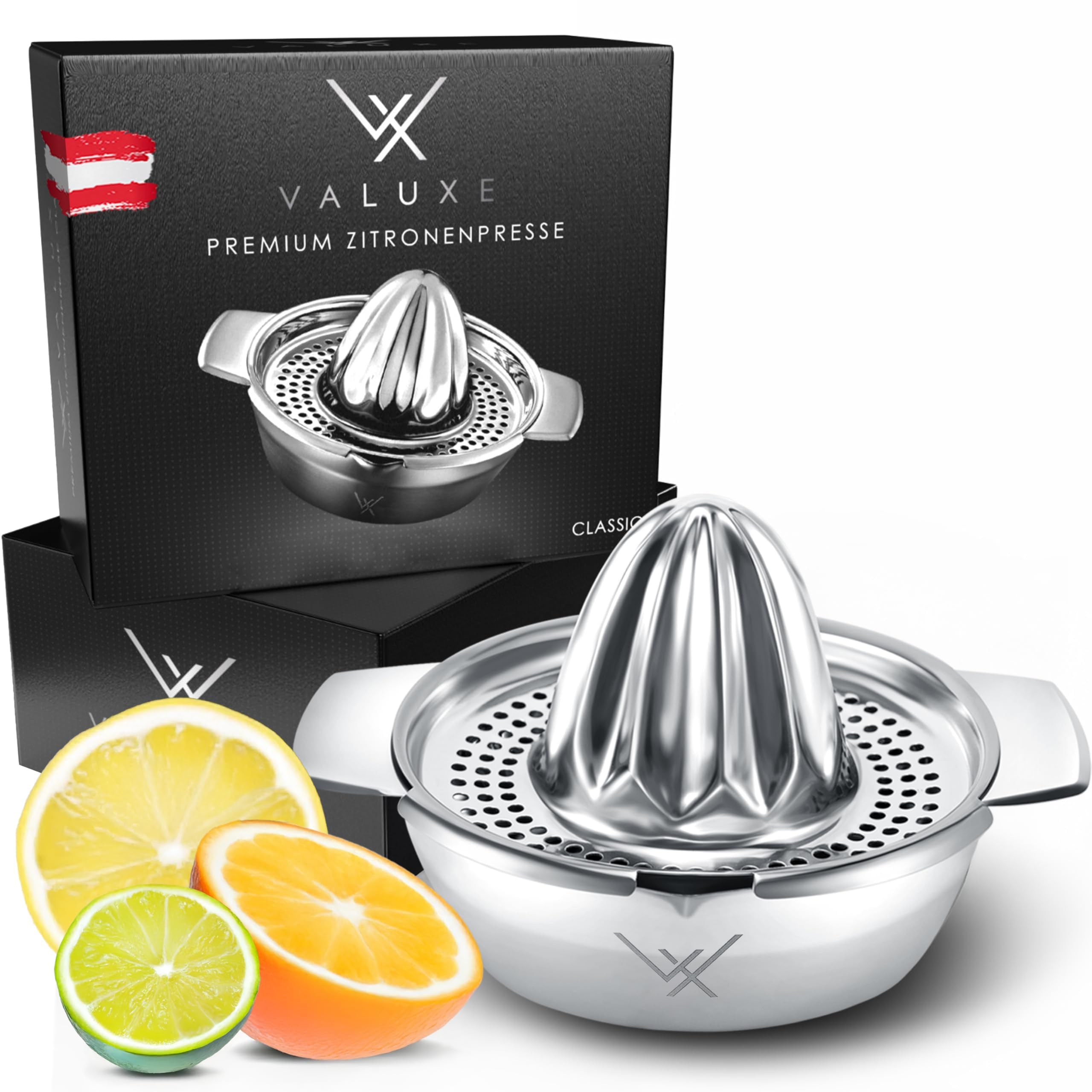 VALUXE® Premium Zitronenpresse Edelstahl - Zitruspresse für Zitronen, Limetten & Orangen mit 350ml Behälter - Manuelle Limetten-Presse, Lemon Squeezer spülmaschinengeeignet