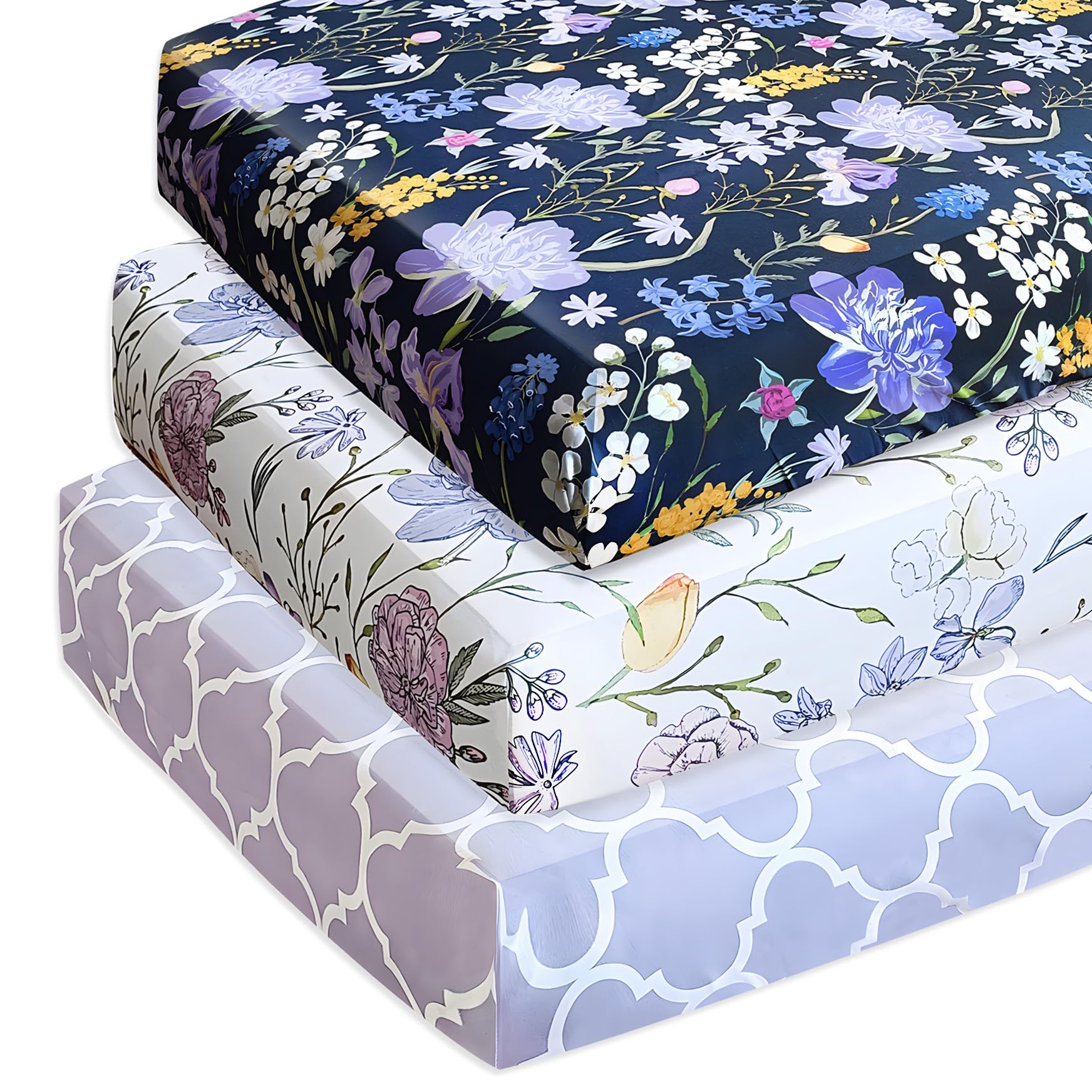AMROSE 3 Pack Soft Floral Crib Sheets for Baby Girls, 28'' X 52'' Fitted Crib Sheets for Crib and Toddler Mattress Pad, Silk Touch Gentle Breathable Microfiber, Violet