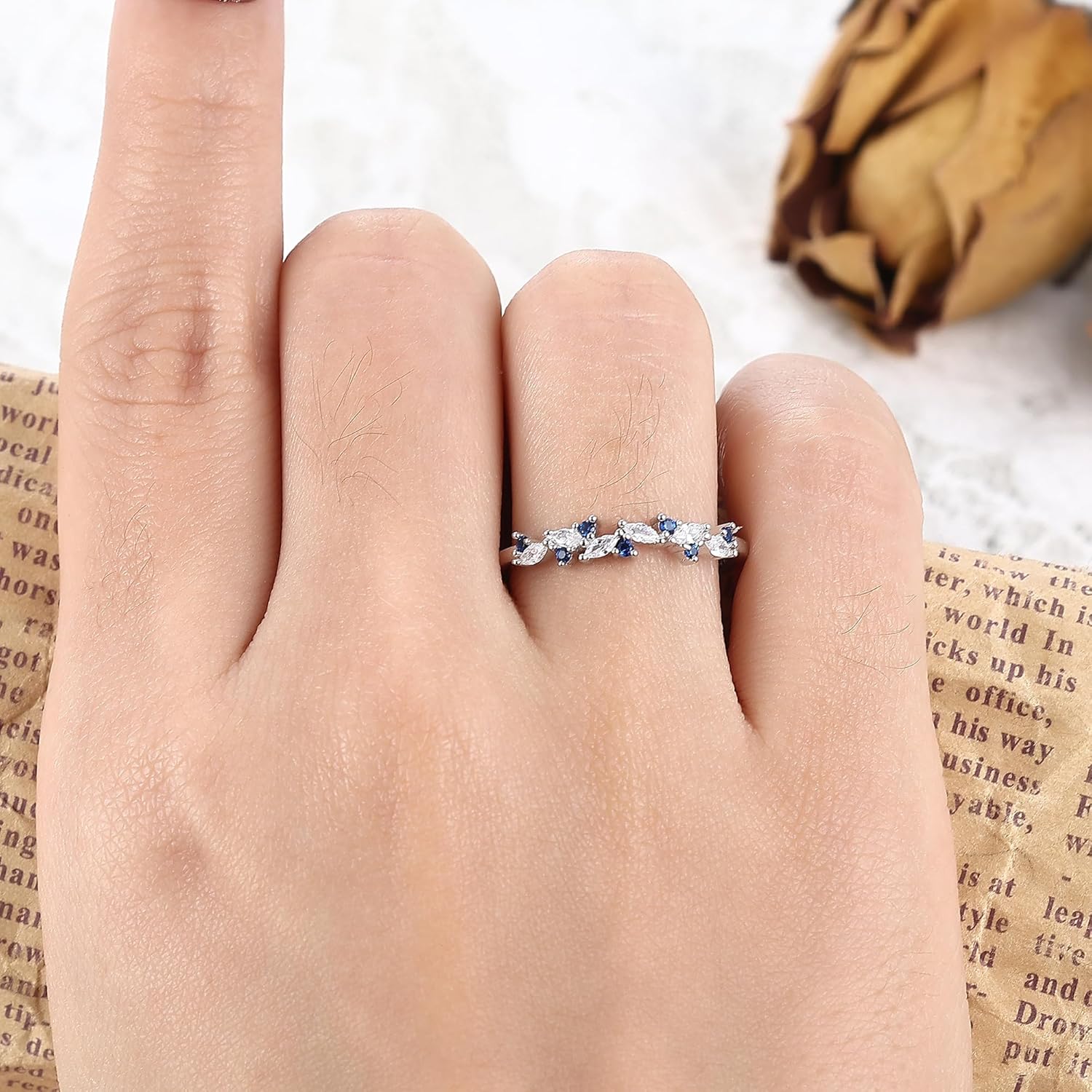 Art Deco Bridal Wedding Band for Women Created Blue Sapphire Cubic Zirconia 925 Sterling Silver Plated White/Rose Gold Half Eternity Birthstone Promise Ring for Her Size 4-9