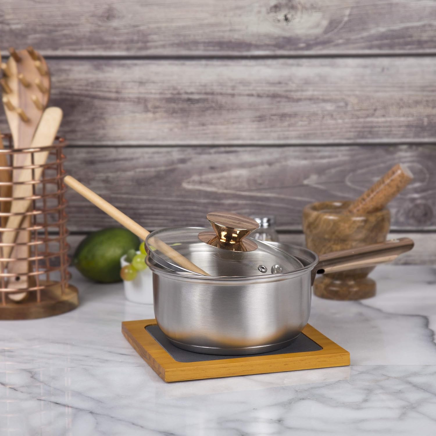 Creative Home Slate and Pine Wood Trivet, 7.5 Inch Square Hot Pot Holder