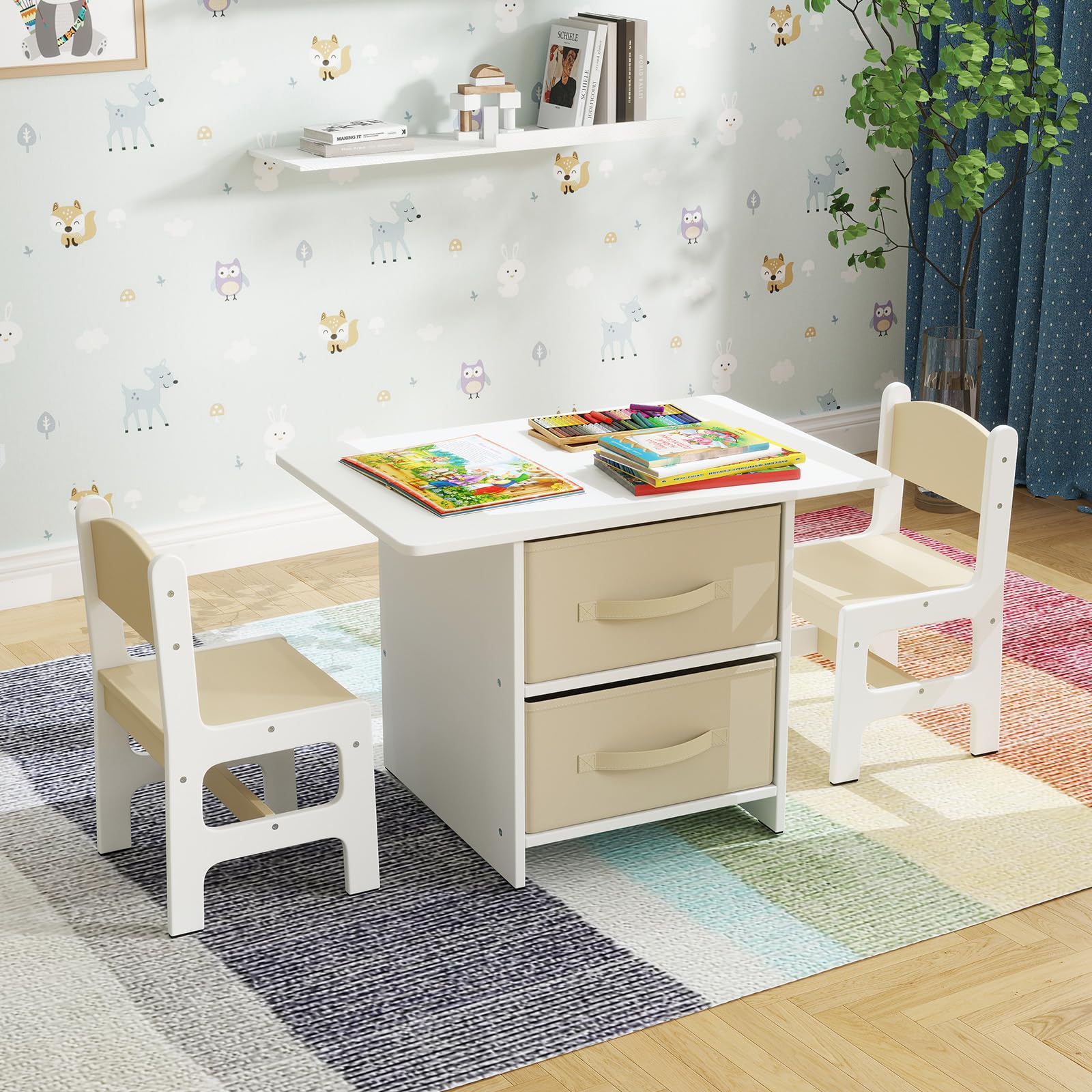 RELAX4LIFE Tavolo per Bambini con 2 Sedie Ergonomiche e 2 Cassetti in Tessuto Rimovibili, Set Scrivania e Sedia per Bambini dai 3 Anni in Su per Giocare e Studiare, Carico 50 kg (Beige)