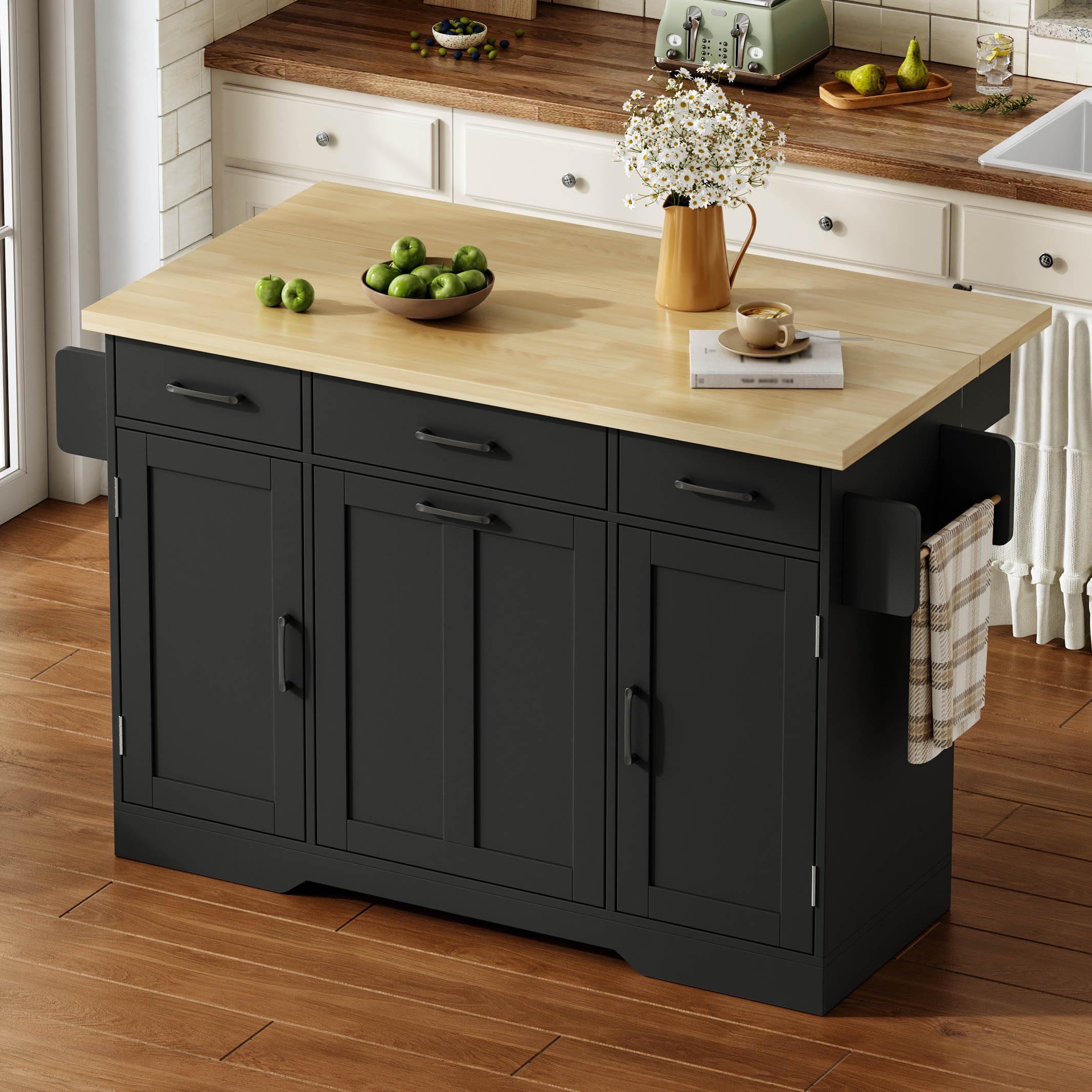 Küchenwagen, Kücheninsel mit Klapparbeitsplatte, Speisewagen Küchenschrank mit Rollen & Müllschrank, Mobile Buffetschrank Stauraumschrank mit Schubladen & Gewürzregal, 120x45(70)x87cm (Schwarz)