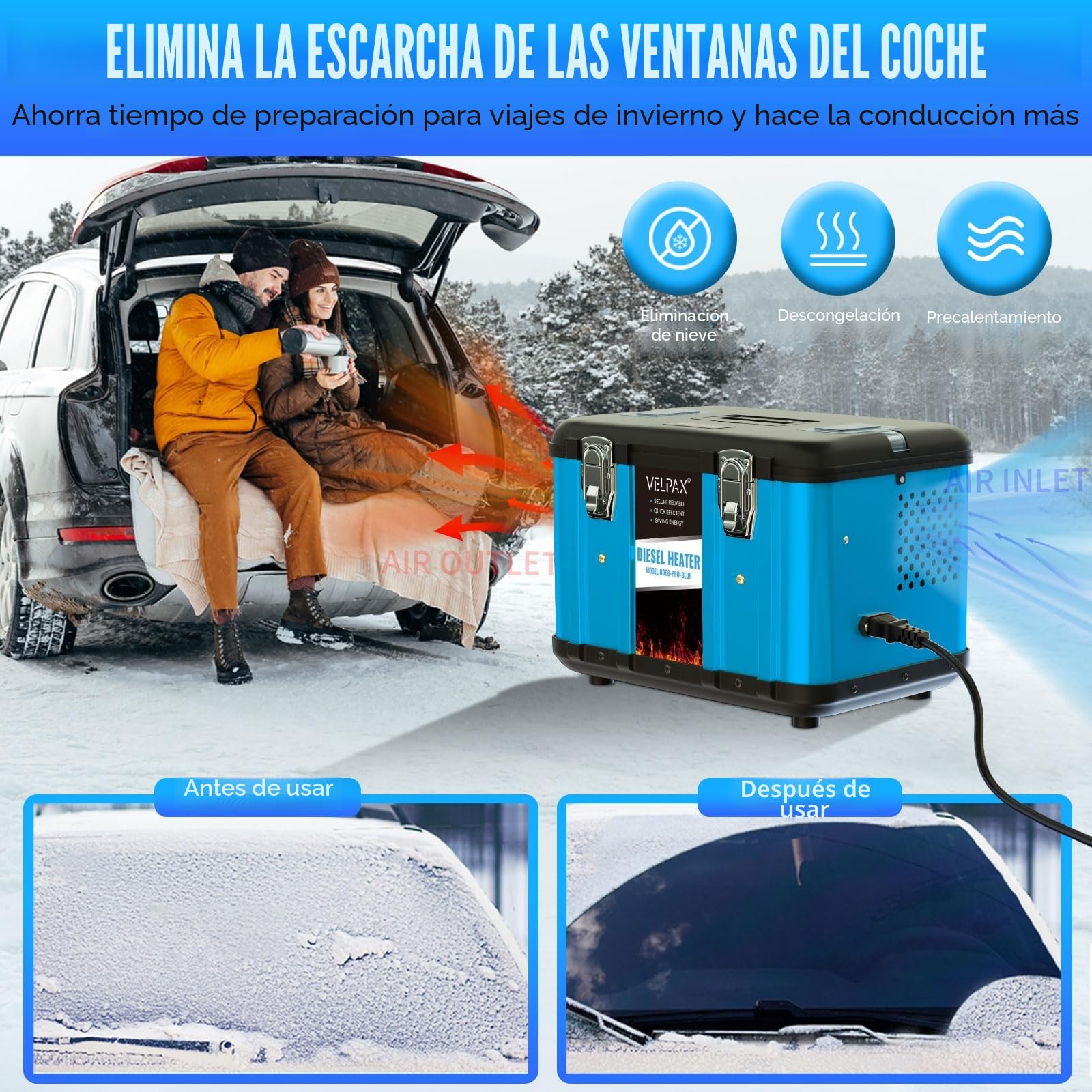 VELPAX Calentador Diésel Portátil Todo en Uno 12V/24/220V 8KW,Calentador de Aire Diesel 0,16-0,52 L/h LCD de Control Remoto,Adecuado para automóviles, Camiones, Barcos
