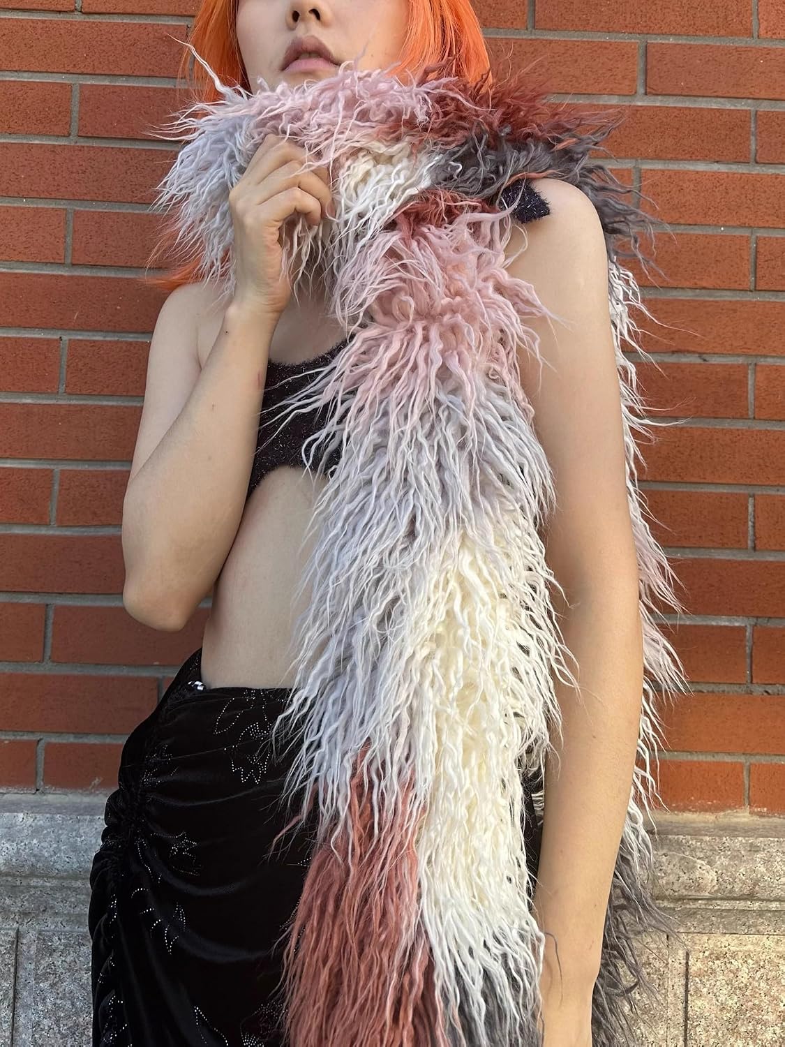 REALFUR NU-160 Women's Curly Furry Long Mongolian Lamb Sheep Fur Scarf With Real Fur Scarves Rainbow Color Blocked Shawl