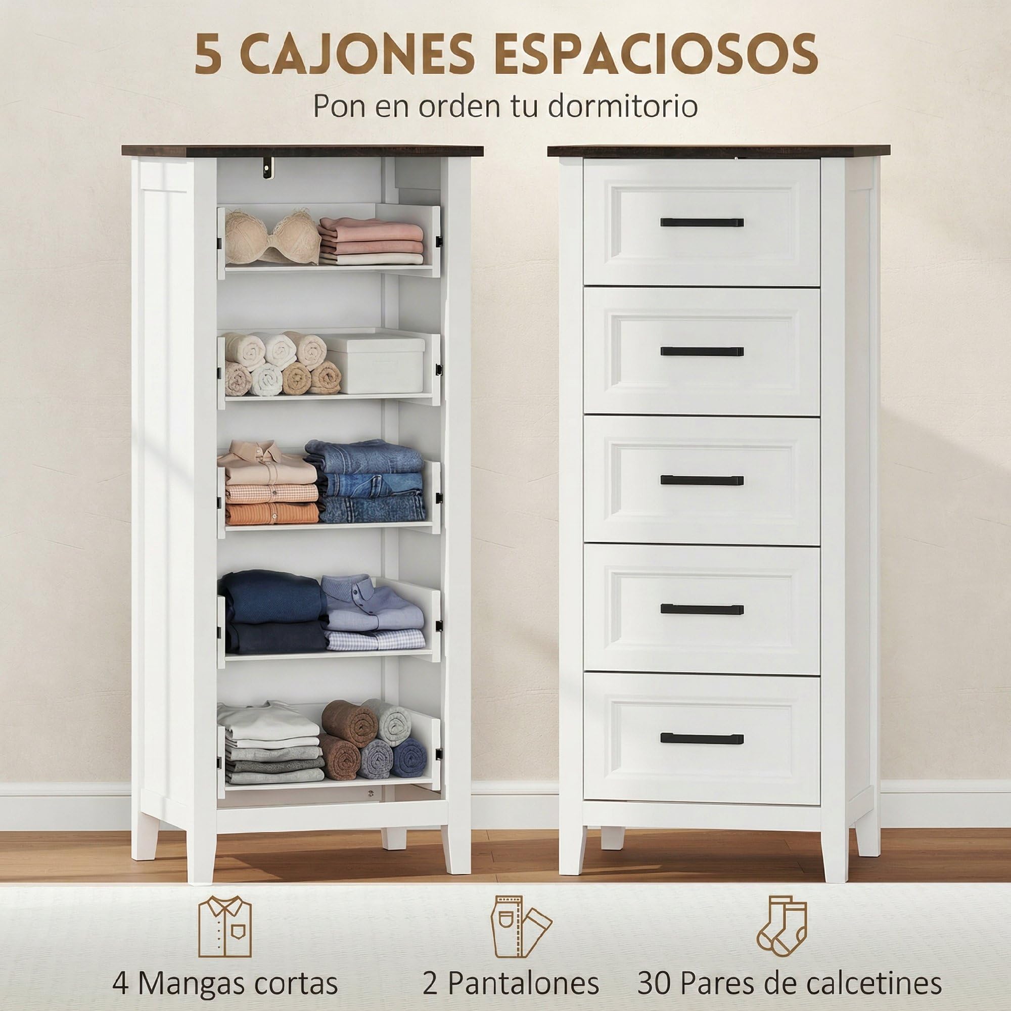 HOMCOM Cómoda 5 Cajones, Cómoda Dormitorio Estrecho y Alto con Encimera Efecto Madera, Cajonera para Espacios Pequeños, Salón, Oficina, 45x35x106 cm, Blanco