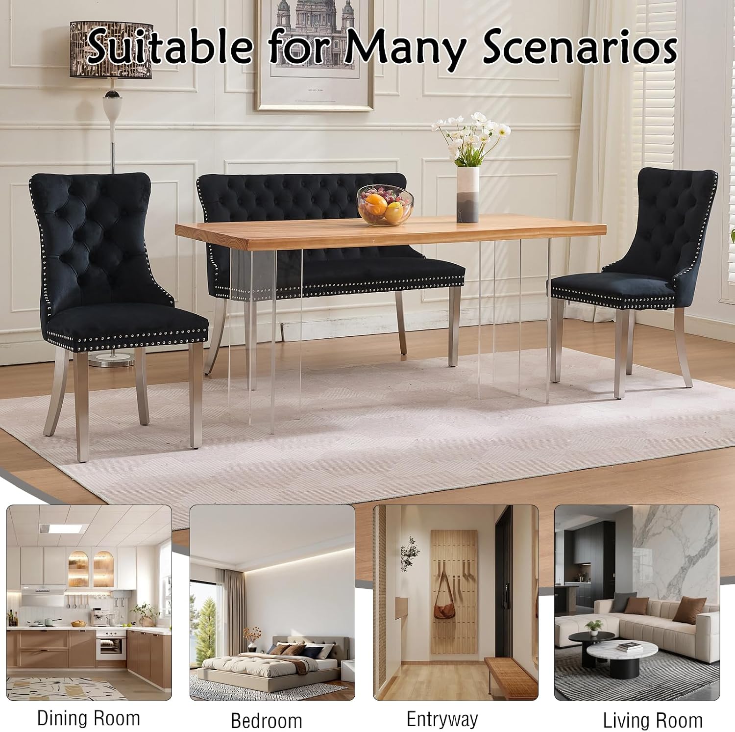 Henf Modern Tufted Velvet Dining Bench with Wing Back, 2-Seat, Nailhead Trim, Sturdy Stainless Steel Legs, Entryway Bench Small Upholstered Loveseat Sofa, 45.6''W x 22.7''D x 35.2''H (Black&Silver)