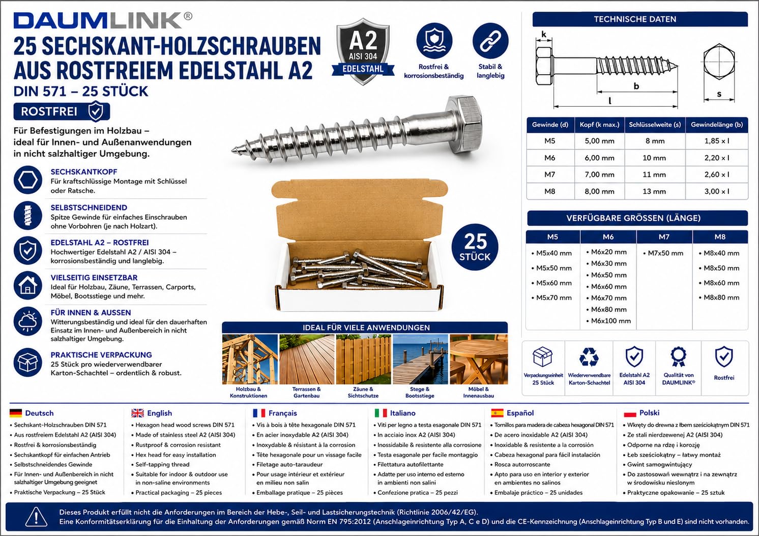 25 viti esagonali per legno in acciaio inox DIN 571 (25 pezzi) per fissaggio sicuro nella costruzione in legno (M6x80 mm)
