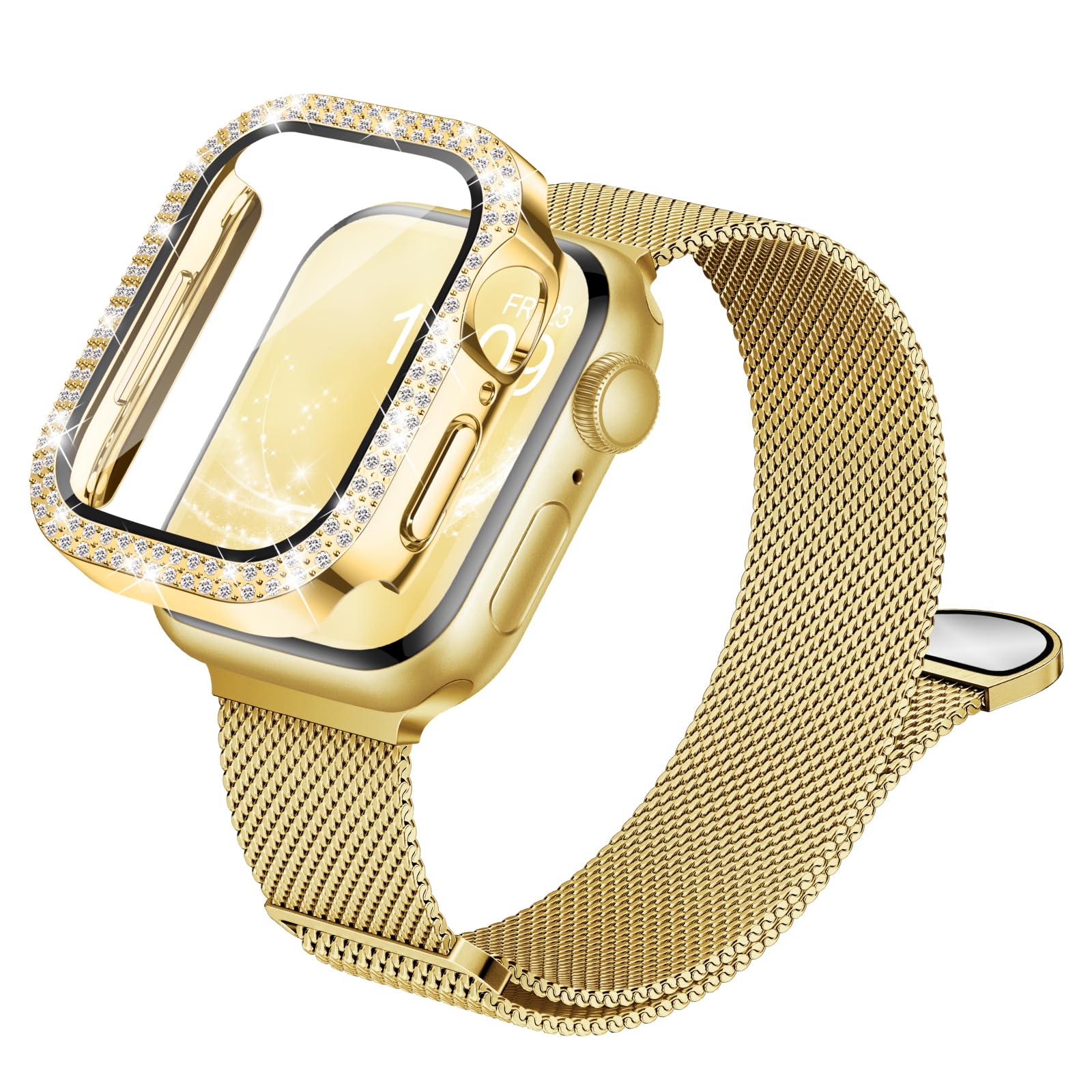 Compatible for Apple Watch Straps and Case Women, Magnetic Milanese Band and Double Row Diamond Screen Protector, Luxury & Versatile, Solve Boring Outfits, Eye-Catching for Work & Date — view 9