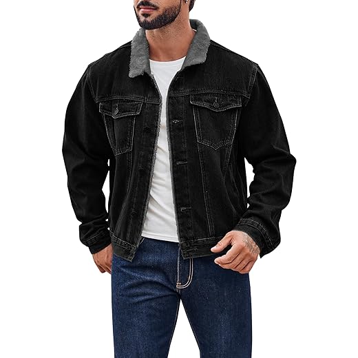 Runcati Jaqueta jeans masculina forrada com lã de ovelha casual inverno quente com botões e bolso