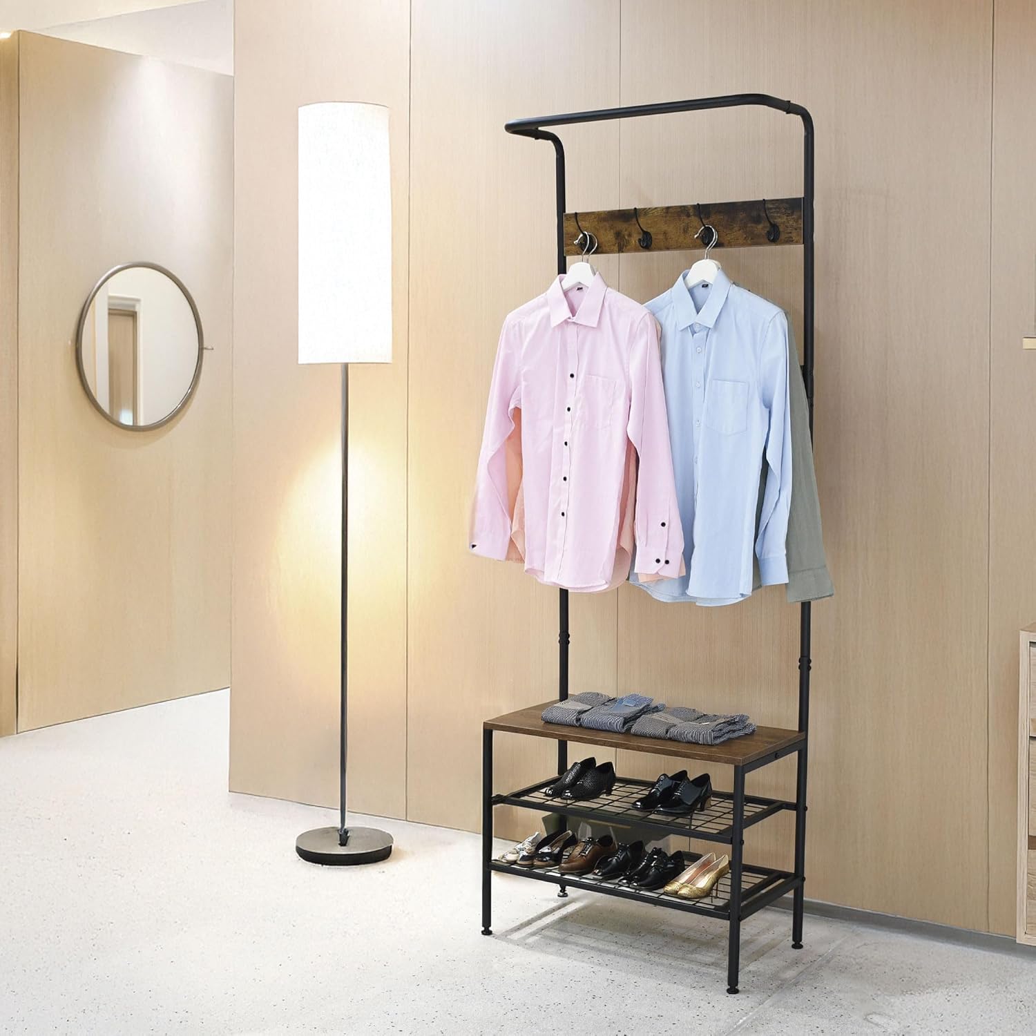 Amig - Lukïen Standing Coat Rack with Shoe Rack - Industrial Style Bench - 183 x 66 x 32.5 cm - Metal and Wood - Black and Brown - Donkey for Hallway or Entrance Rustic Style