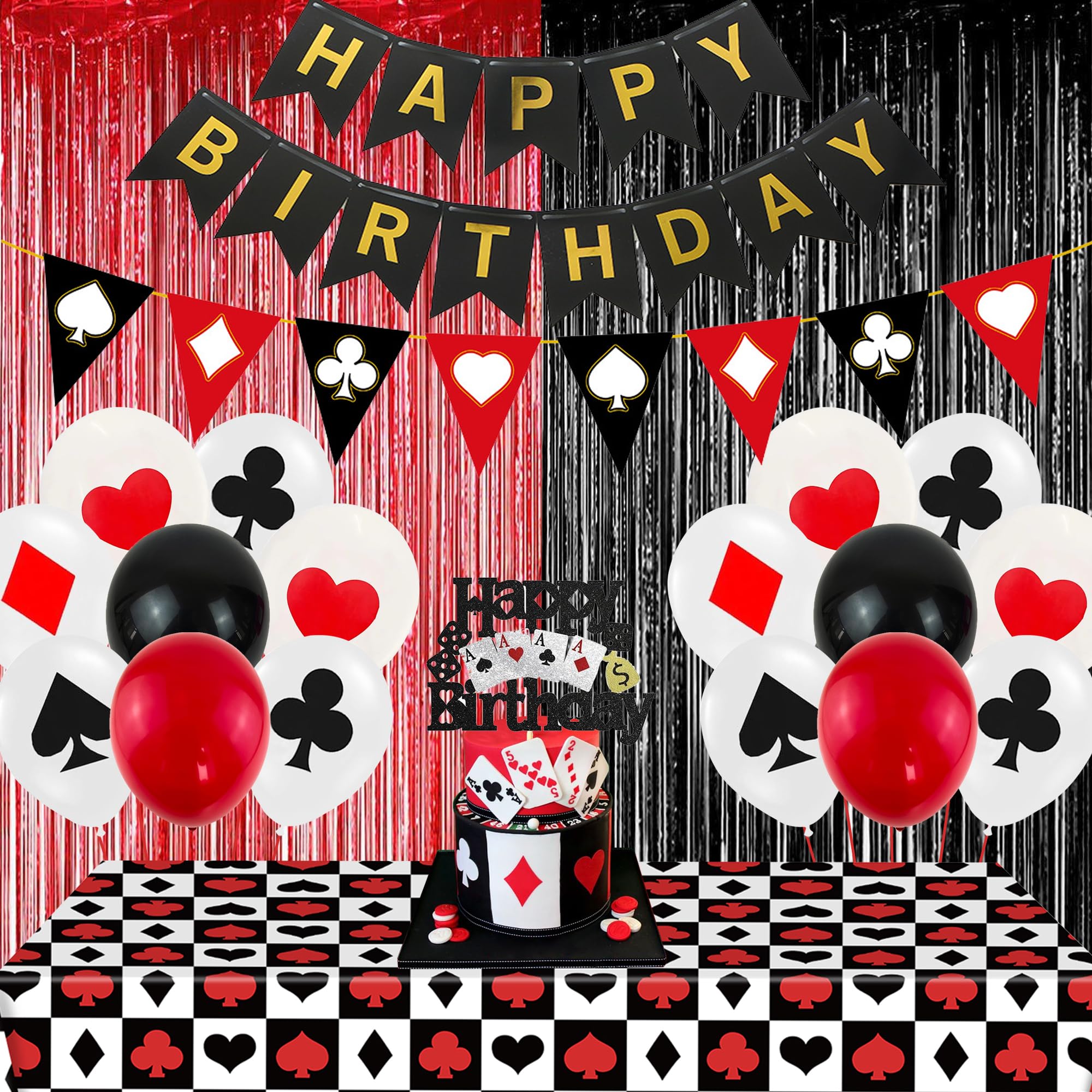 Casino Birthday Party Decorations - Poker Balloon Tablecloth Happy Birthday Banner Bunting Flags Cake Topper, Red Black White Foil Fringe Curtains, Casino Games Night Las Vegas Party Supplies