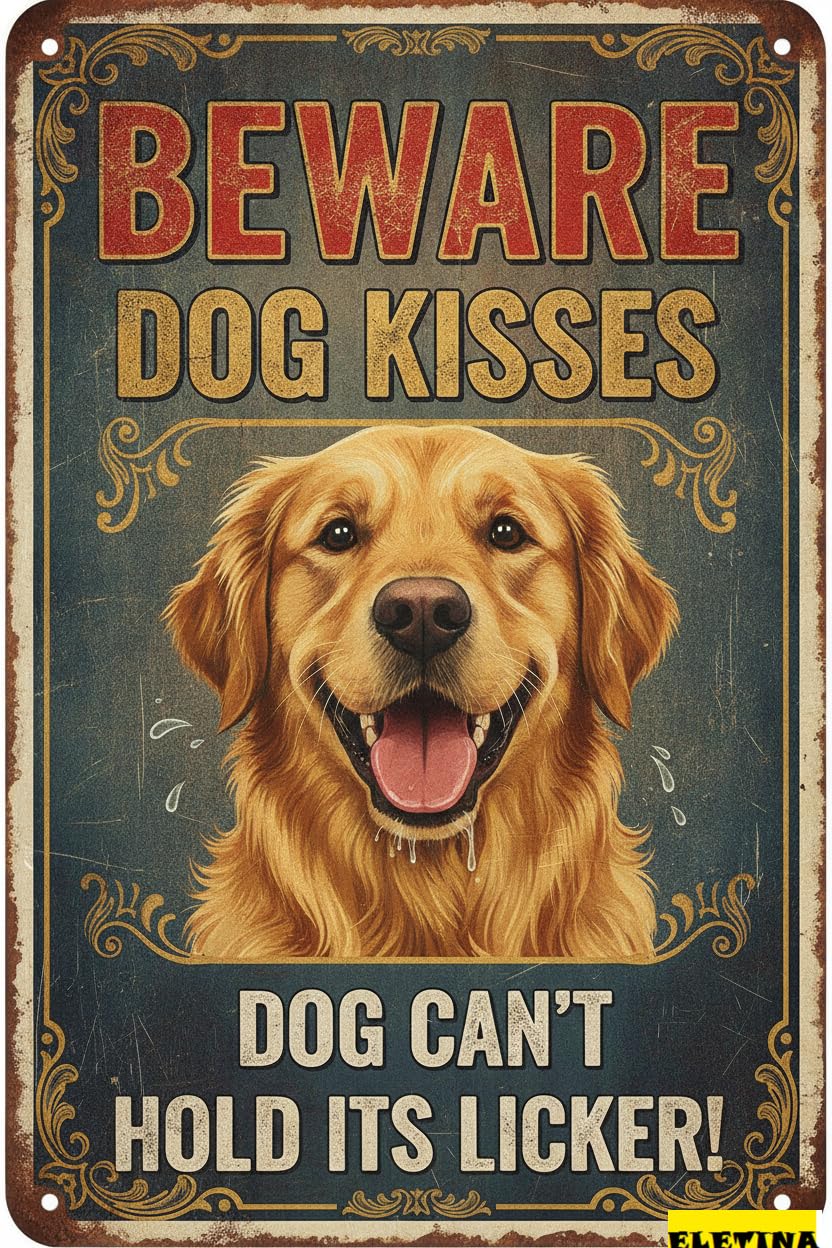 Beware Dog Kisses Warning Tin Sign, 8x12 Inch Yard