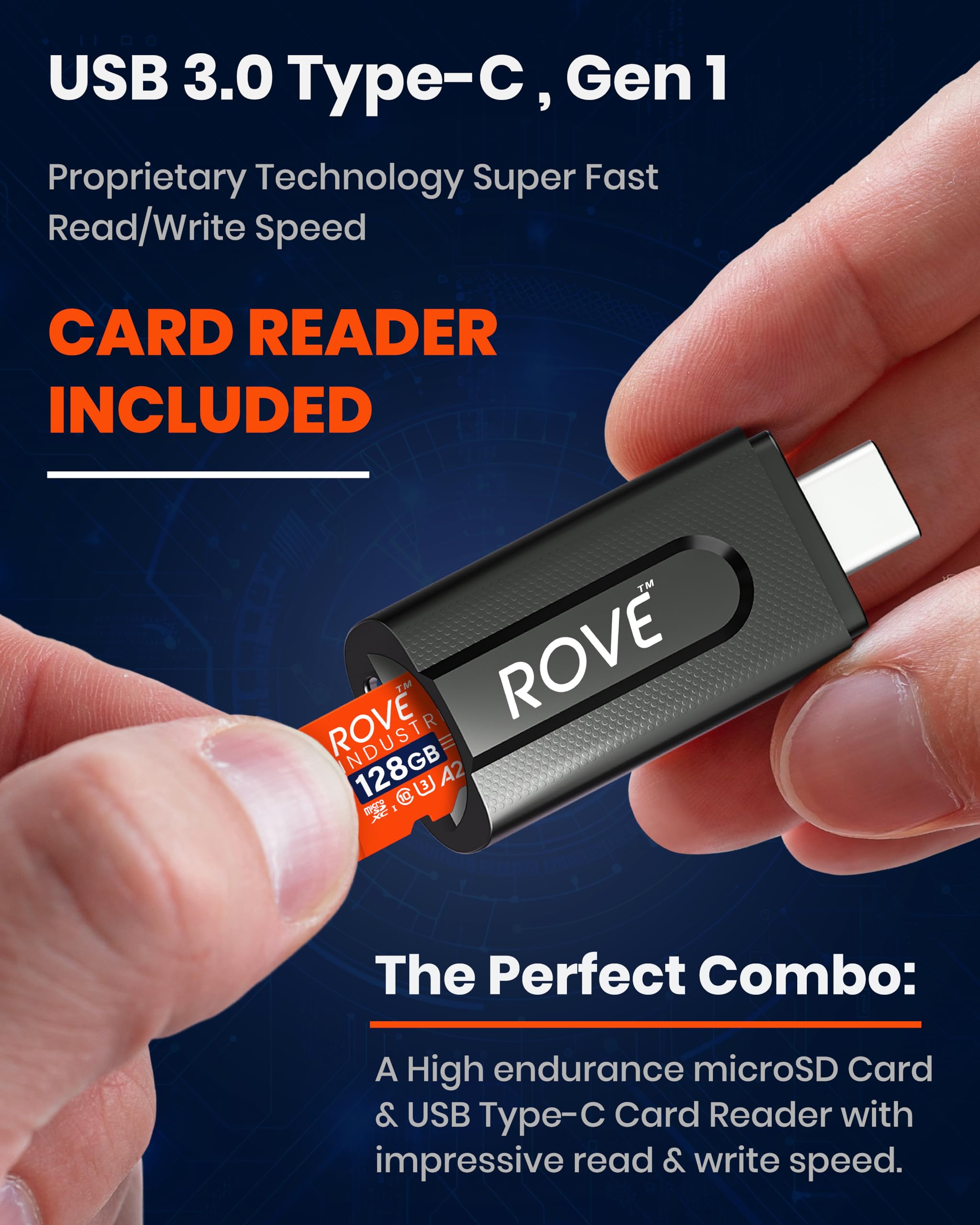 ROVE Tarjeta micro SD industrial de 128 GB con lector de tarjetas USB 3.0 tipo C, tarjeta de memoria microSDXC de alta resistencia de 100 MB/s, velocidad de lectura, C10, U3, V30, 4K, A2 para Dash Cam