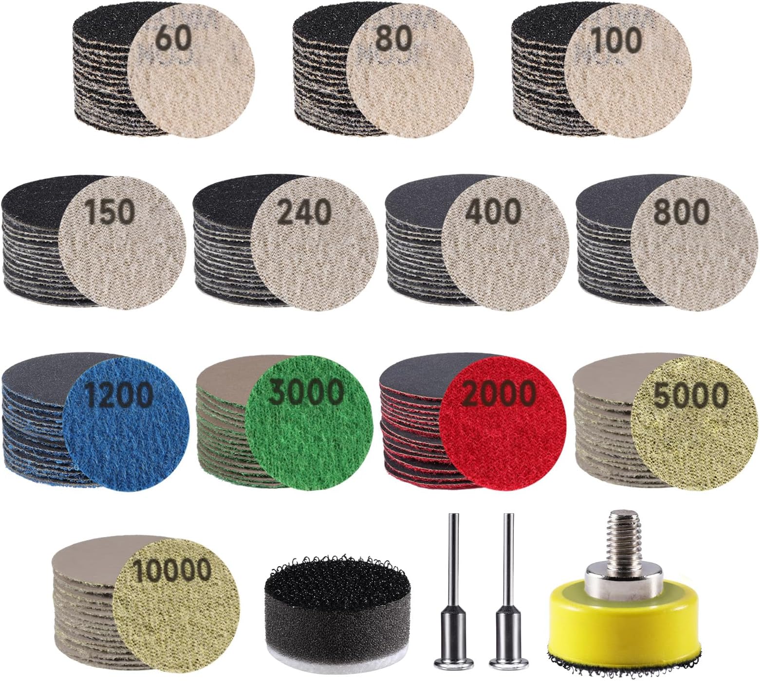 185 PCS 1 Inch Sanding Discs, GOH DODD Hook and Loop 60 to 10000 Grit Wet Dry Sandpaper Micro Sand Paper with 1/8" 1/4" Shank, Backing Pad, Foam Sanding Pads for Auto Wood Metal Glass Resin