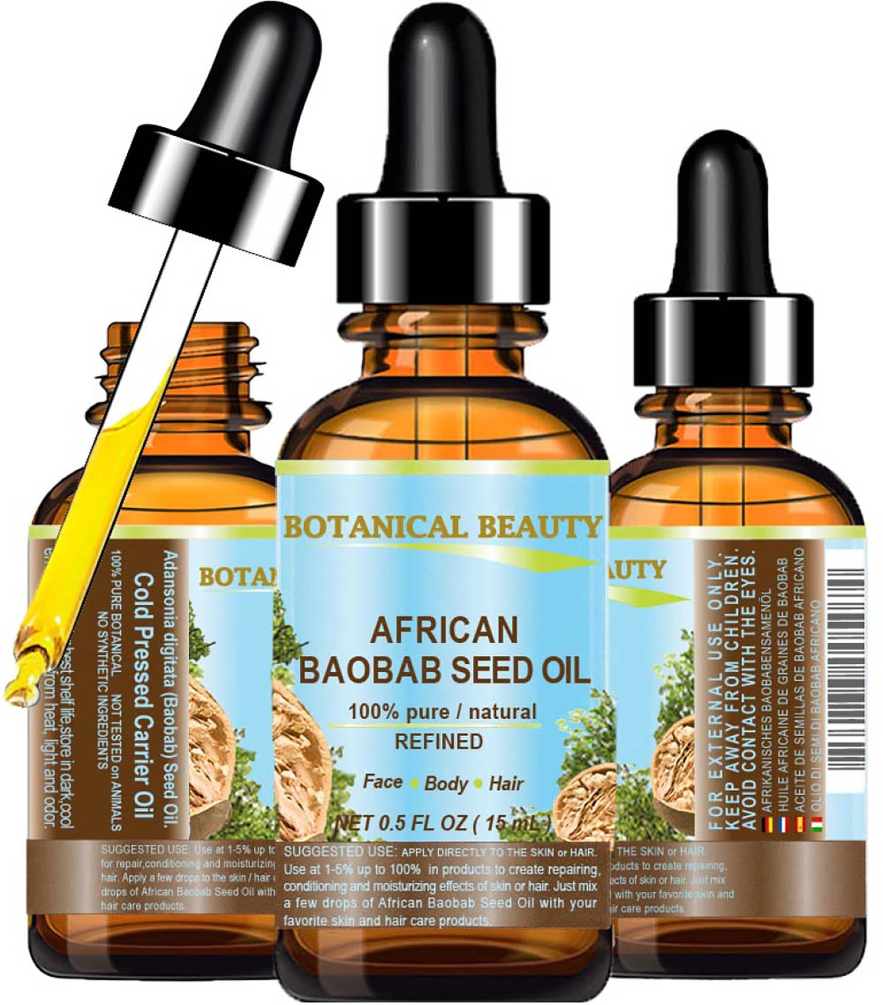Botanical Beauty‎ BAOBAB SEED OIL 100% Pure Natural Refined Cold-Pressed Carrier Oil 0.5 Fl oz 15 ml For Face Skin Body Hair Lip Nails Rich in Vitamin C