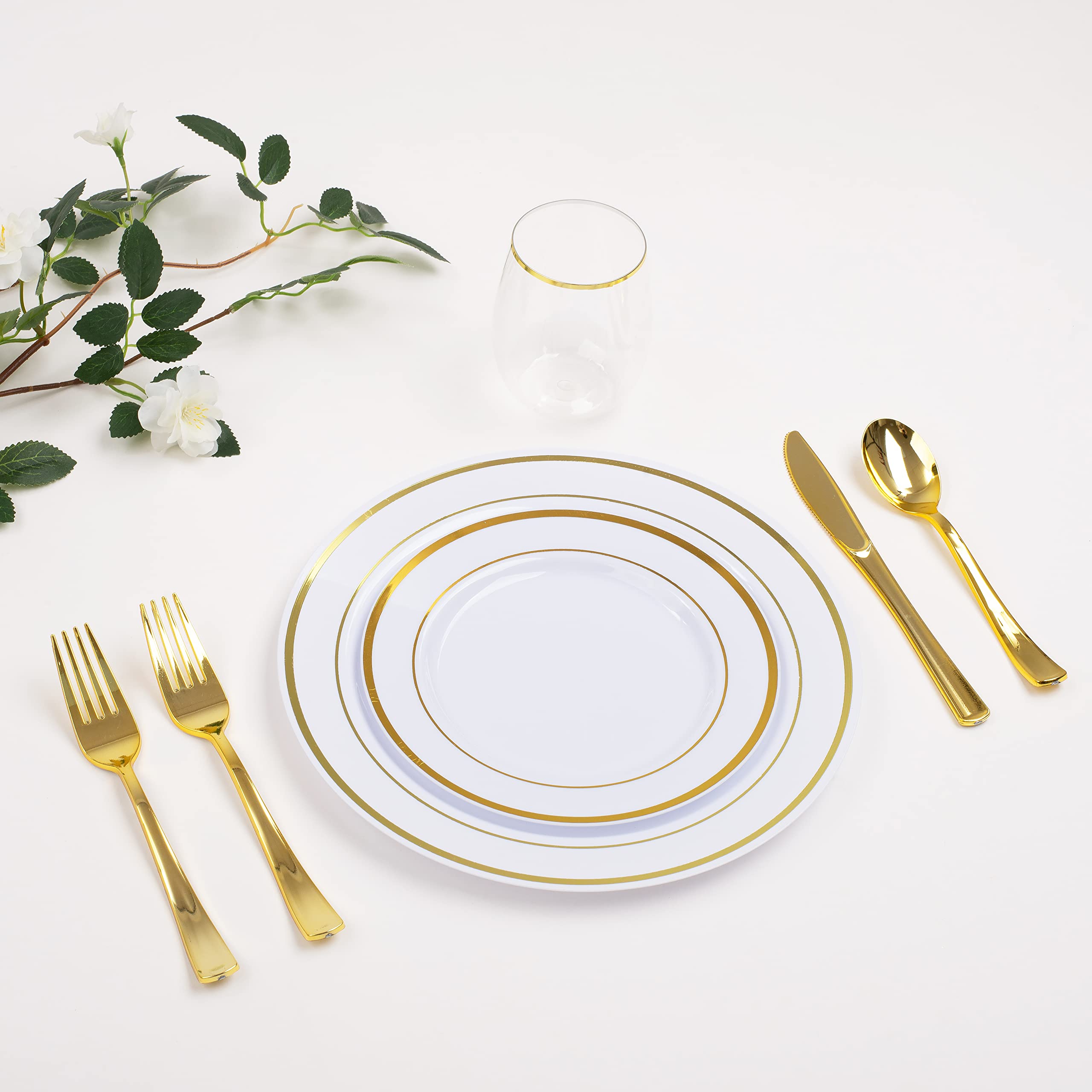 Feestservies Voor 25 Personen TOROTON 100 Stuks Roségouden Kunststof Platen Met Zilverwerk, Herbruikbare Feestservies Sets Omvatten: 20 Dinerborden, 20 Slaplaten, 20 Vorken, 20 Messen, 20 Lepels Bestek Goud