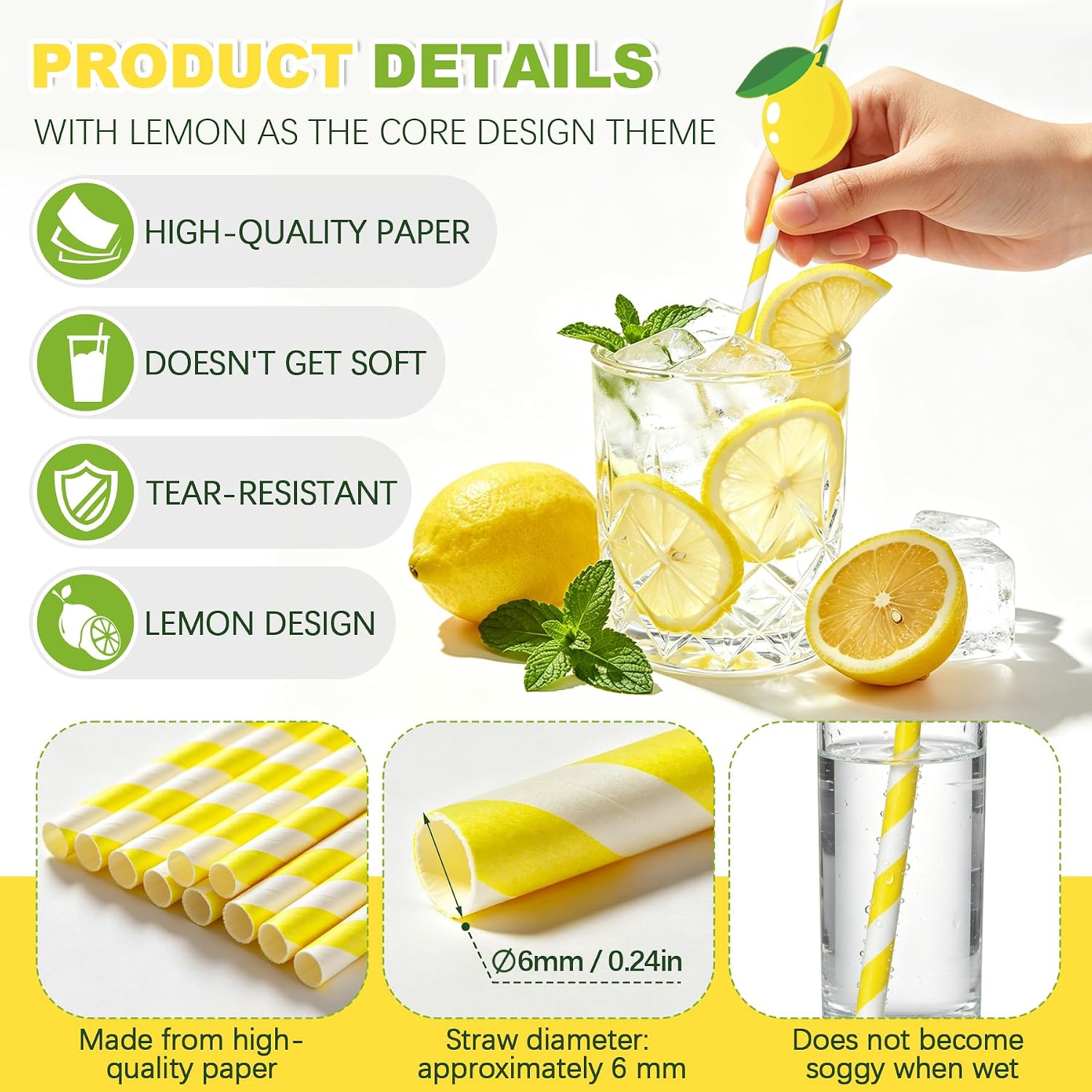 60Pcs Lemon Paper Straws, Disposable Lemon Party Striped Decorative Paper Straws for Cocktails, Lemonade, Daily Use and Holiday Party