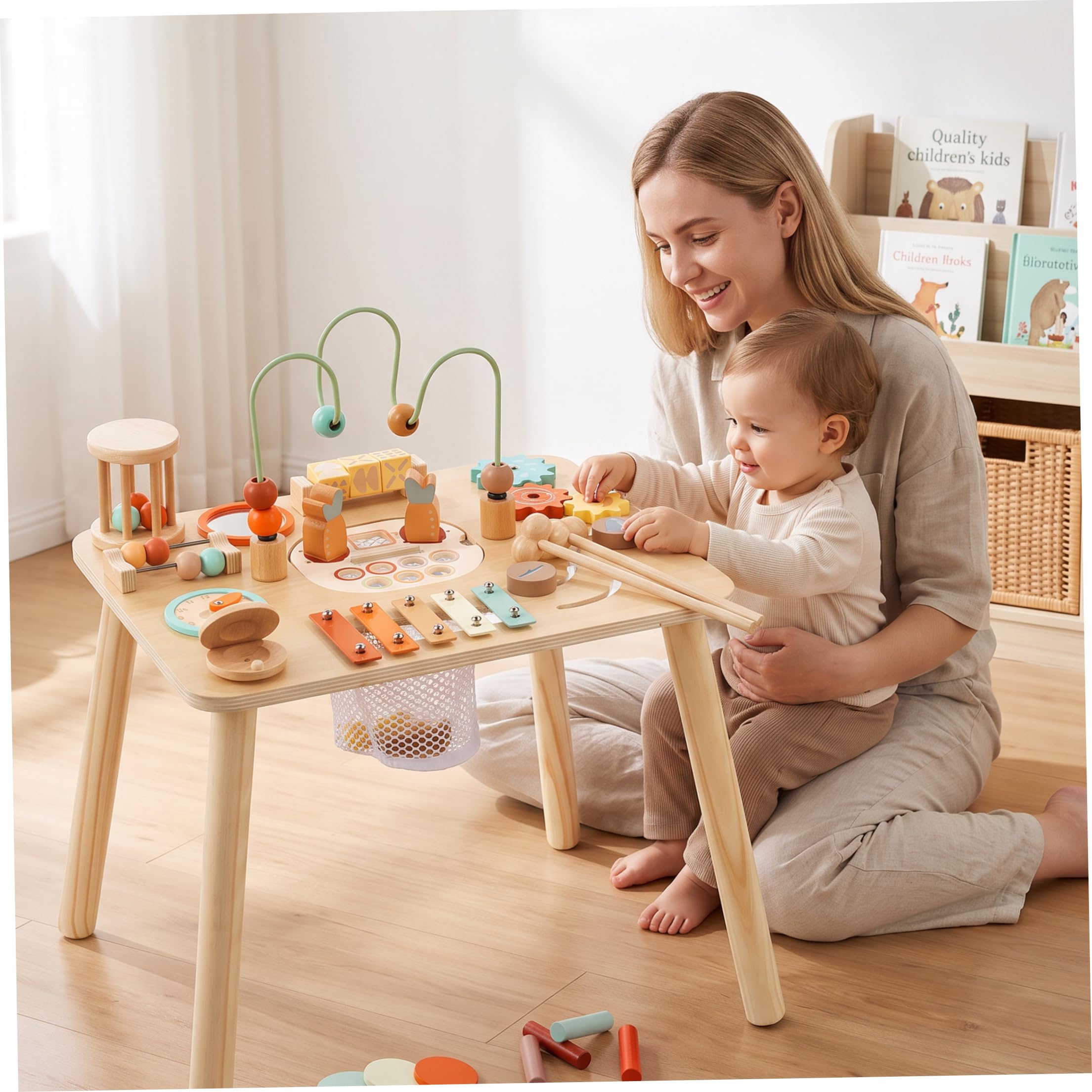 Mesa de Actividades Montessori, Laberinto de Cuentas Naturales para niños pequeños de Madera, Juego de Pesca 13 en 1, clasificador de Formas, xilófono, Primer cumpleaños.