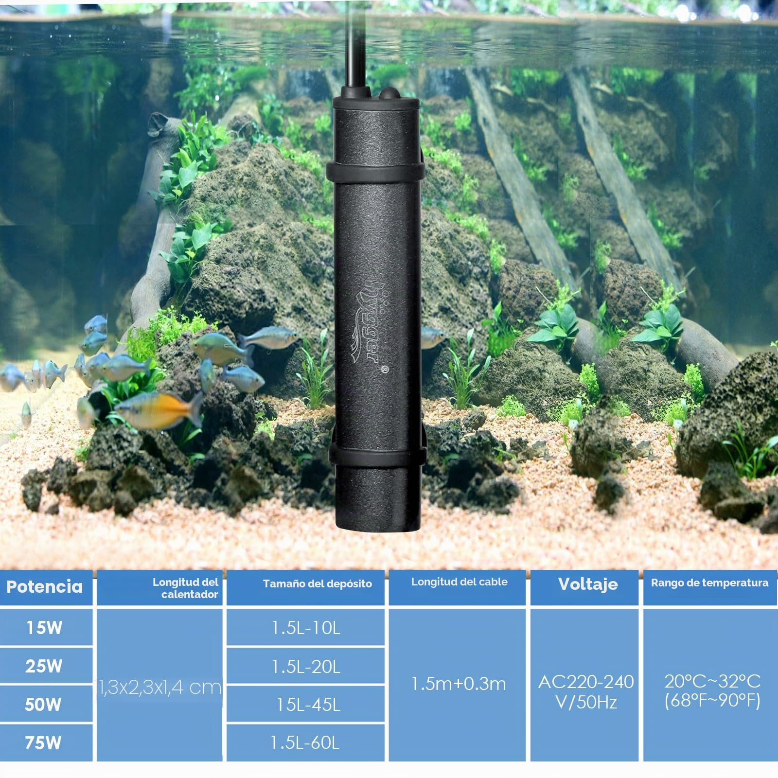 Hygger Mini Calentador de Acuario, 25W Sumergible Betta Calentador de Acuario con Pantalla Digital Controlador Externo, Calentador de Acuario Pequeño Adecuado de Agua Dulce de hasta 20L Tanks