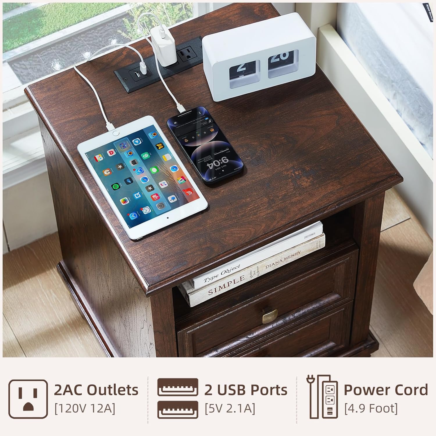 Farmhouse Nightstand with Charging Station, Rustic Brown Nightstand, 2 Drawers End Table, Bedside Table with Open Shelf for Bedroom, Walnut