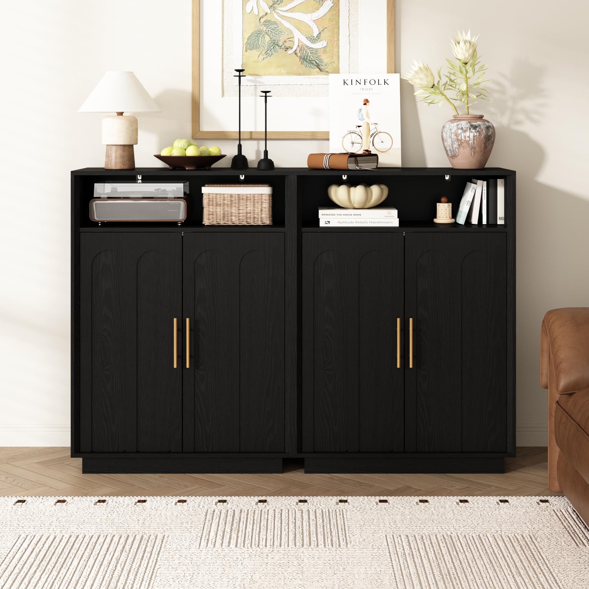 Set of 2 Shoe Cabinet with Arched Doors, 43" Hidden Storage, Black