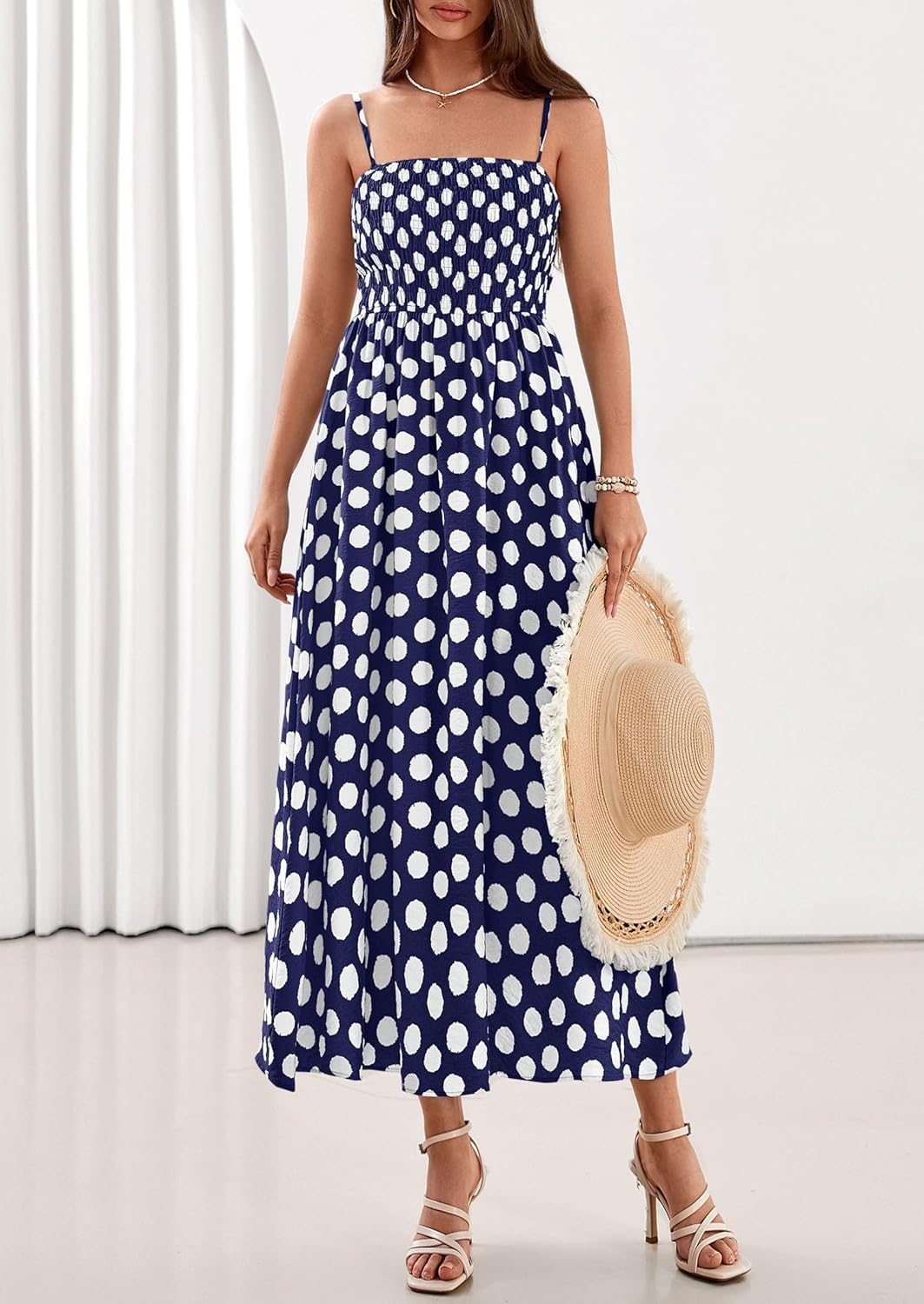 PRETTYGARDEN Womens Polka Dot Dress 2026 Summer Sleeveless Spaghetti Straps Smocked Sun Dress Flowy Spring Beach Midi Dresses - Image 7