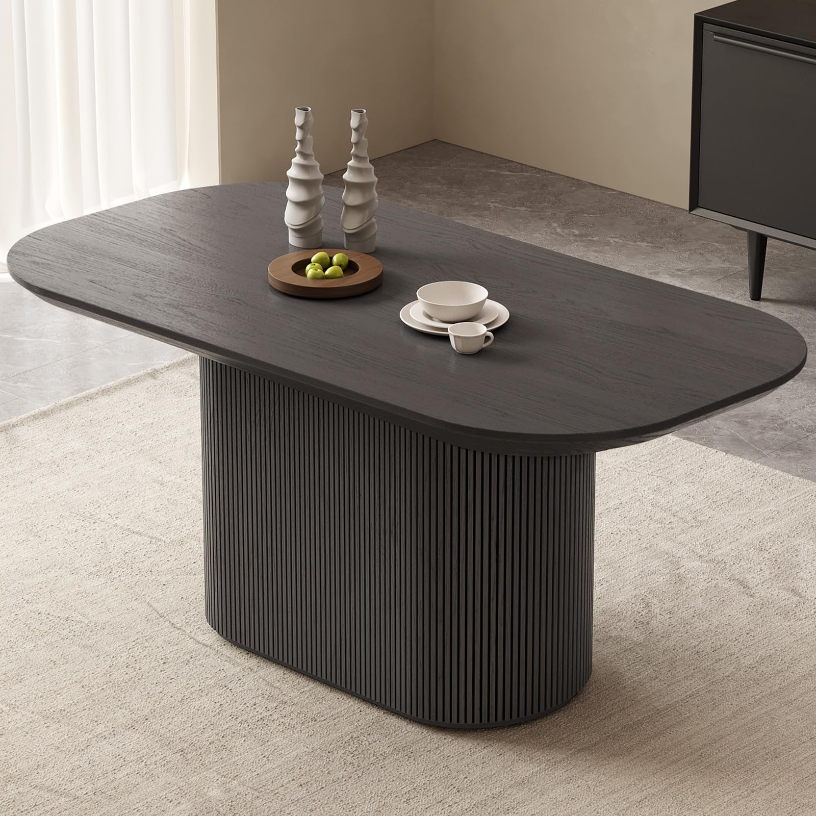 Tavolo da pranzo ovale grigio da 160 cm, grande tavolo da pranzo moderno, con piedistallo con elegante piedistallo, grande tavolo minimalista per pasti, cene, studio, riunioni