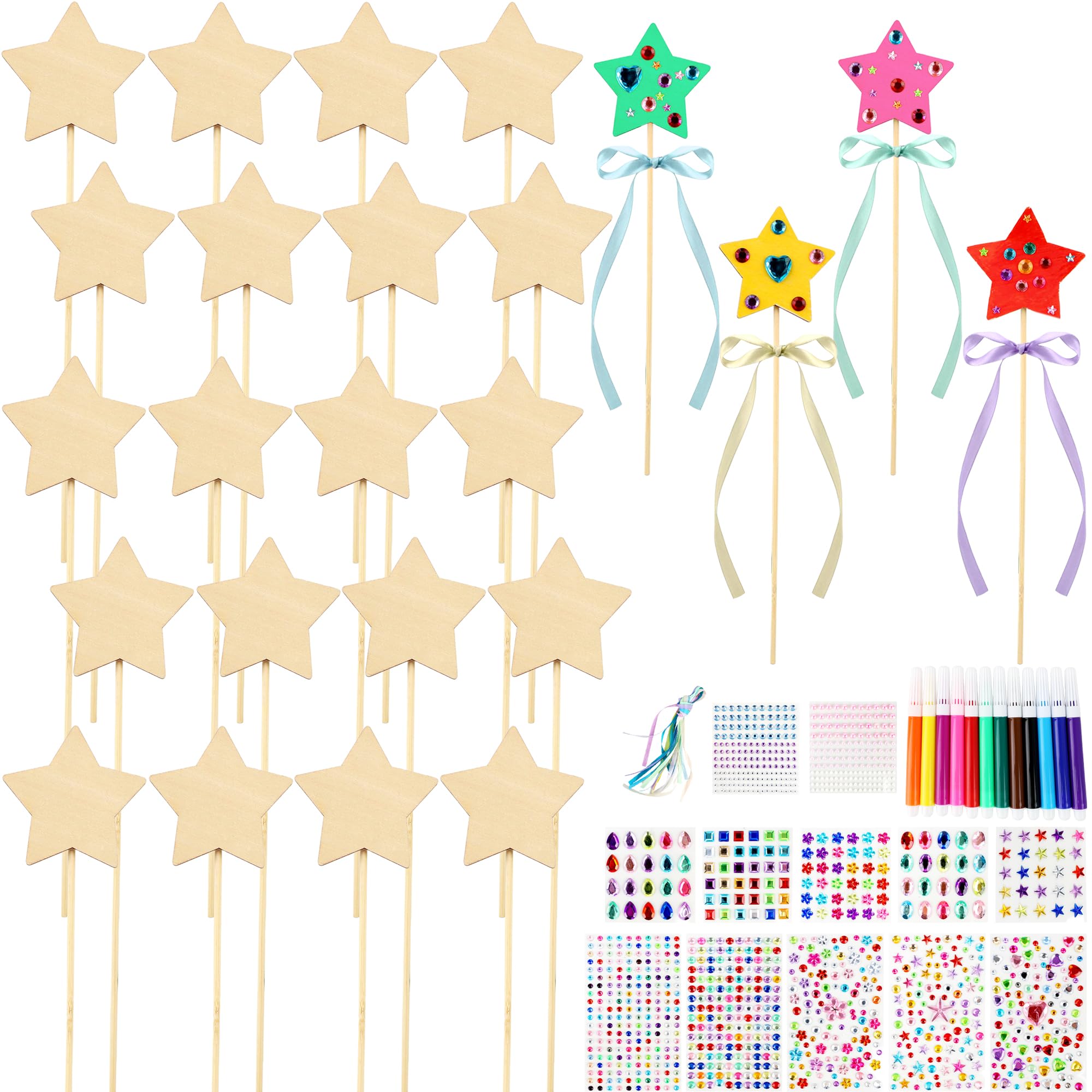 72 Pcs Make Your Own Princess Wand DIY Art Craft Magical Wands Unfinished Star Princess Fairy Wands Kit Include 24 Star Wooden Fairy Wands 12 Gem Stickers 24 Ribbons 12 Markers for Girls Cute Princess