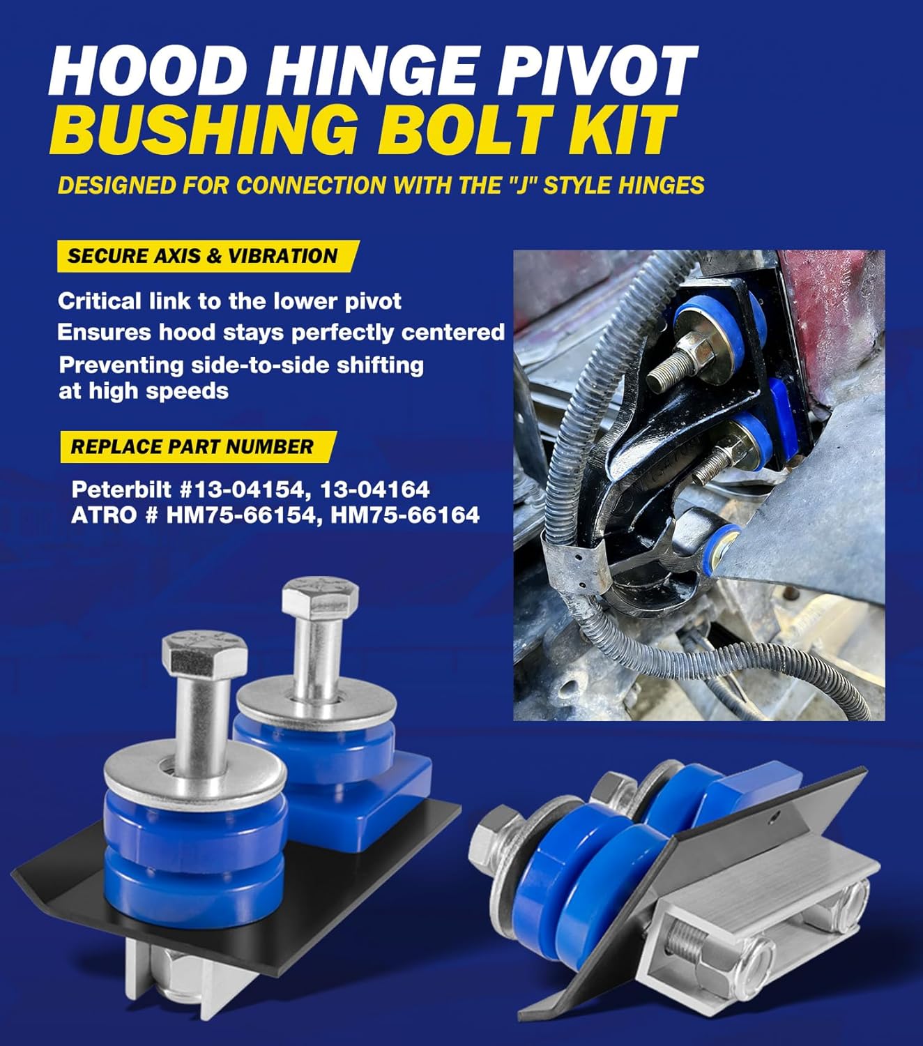 Engine Hood Hinge Pivot Bolt Kit for Peterbilt 378 379, Bushing and Mounting Bolt Kit Accessories, P/N 13-04154, 13-04164; ATRO HM75-66154, HM75-66164; 3-15273, 13-04726, 13-04727