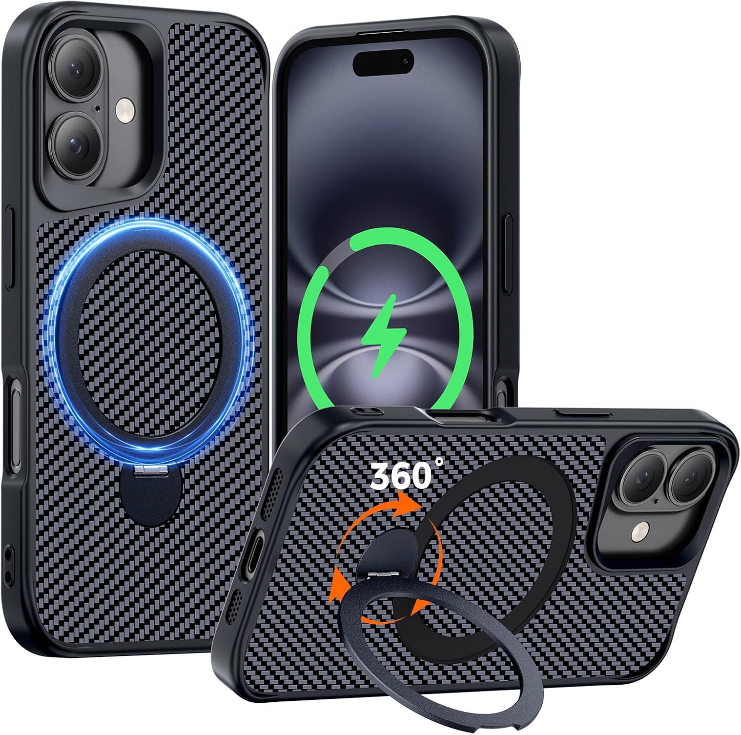 Designed for iPhone 16 Case with 360° Magnetic Stand, Carbon Fiber Phone Case [Compatible with Magsafe] [15FT Military Protection] with Stand Ring 6.1'', Black