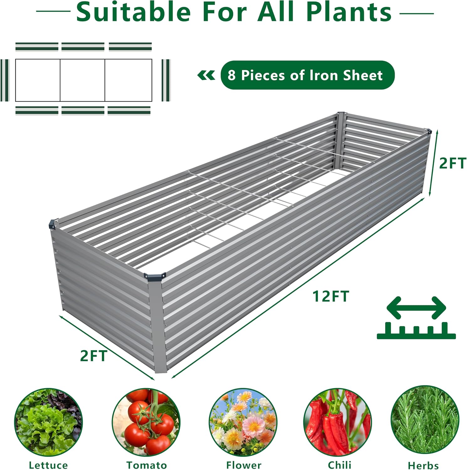 DIIYIV Galvanized Raised Garden Bed Kit Outdoor Patio,12x2x2ft Large Rectangular Metal Planter Boxes,Deep Root Box Planter for Gardening,Vegetables,Flowers,Herbs-Silver