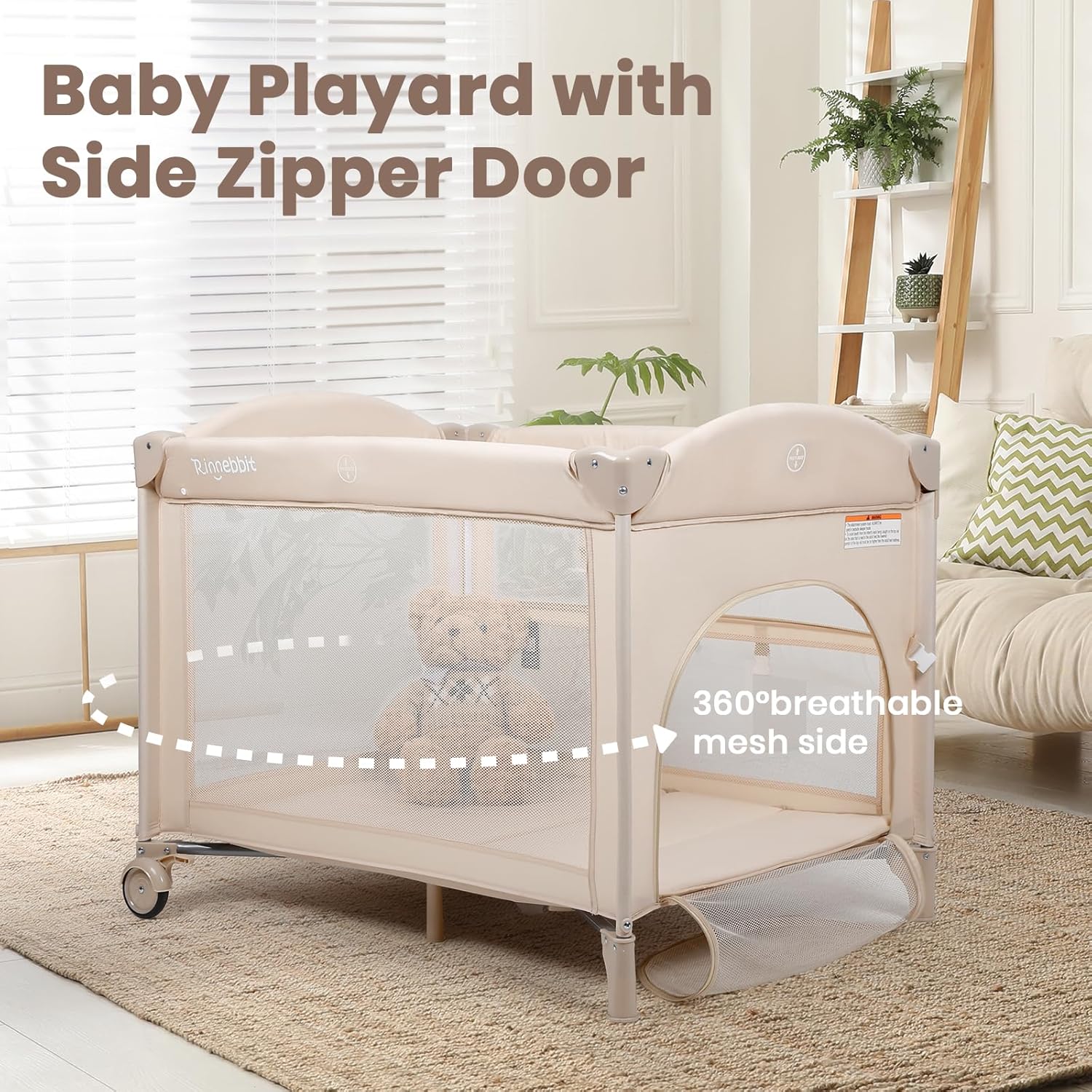 Baby Bassinets Bedside Sleeper, 4 in 1 Portable Bedside Crib w/Mattress, Diaper Changer, Storage Basket, Music Box, Carry Bag, Foldable Playard Sleeper for Newborn (Beige)