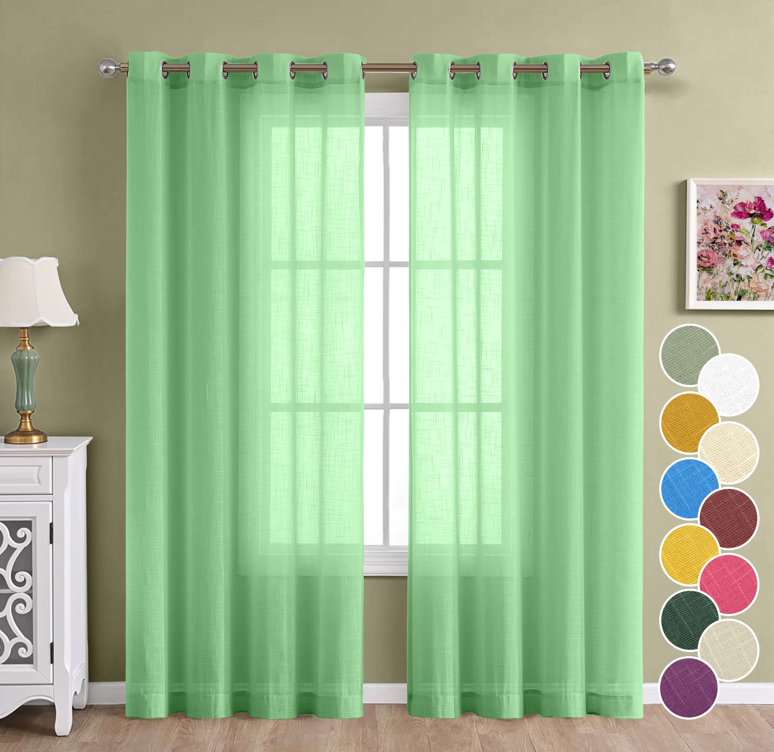 THE LINEN COMPANY Cotton Linen Solid Window Curtain, Farm House Curtains 2 Pcs Set with Steel Eyelet Rings - 4 Feet, Ocean Green, Set of 2 Pcs
