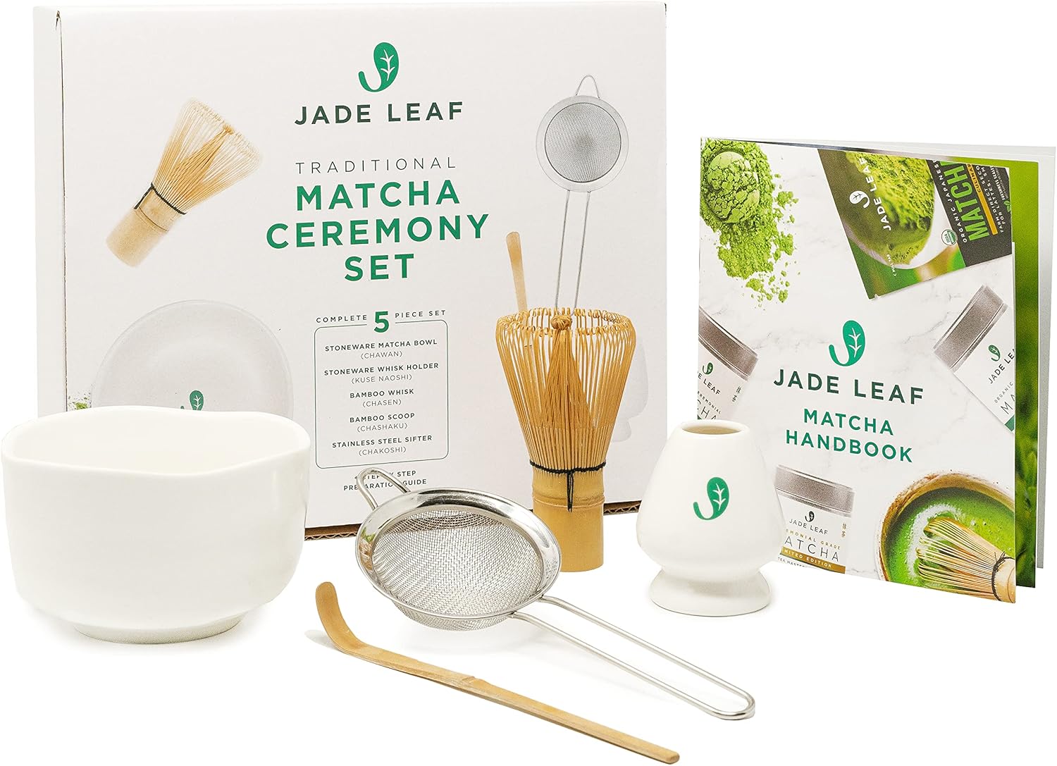 Jade Leaf – Juego completo de ceremonia de matcha, con batidor y cuchara matcha de bambú, tamiz de acero inoxidable, tazón de cerámica y soporte