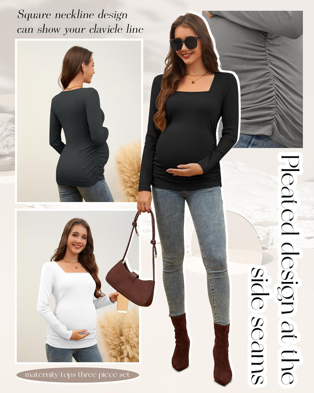 Huukeay 4 Pack Women's Maternity Shirts Cotton Ribbed Long Sleeve Square Neck Pregnancy Tunic Tops Side Ruched Basic Tee - Image 5