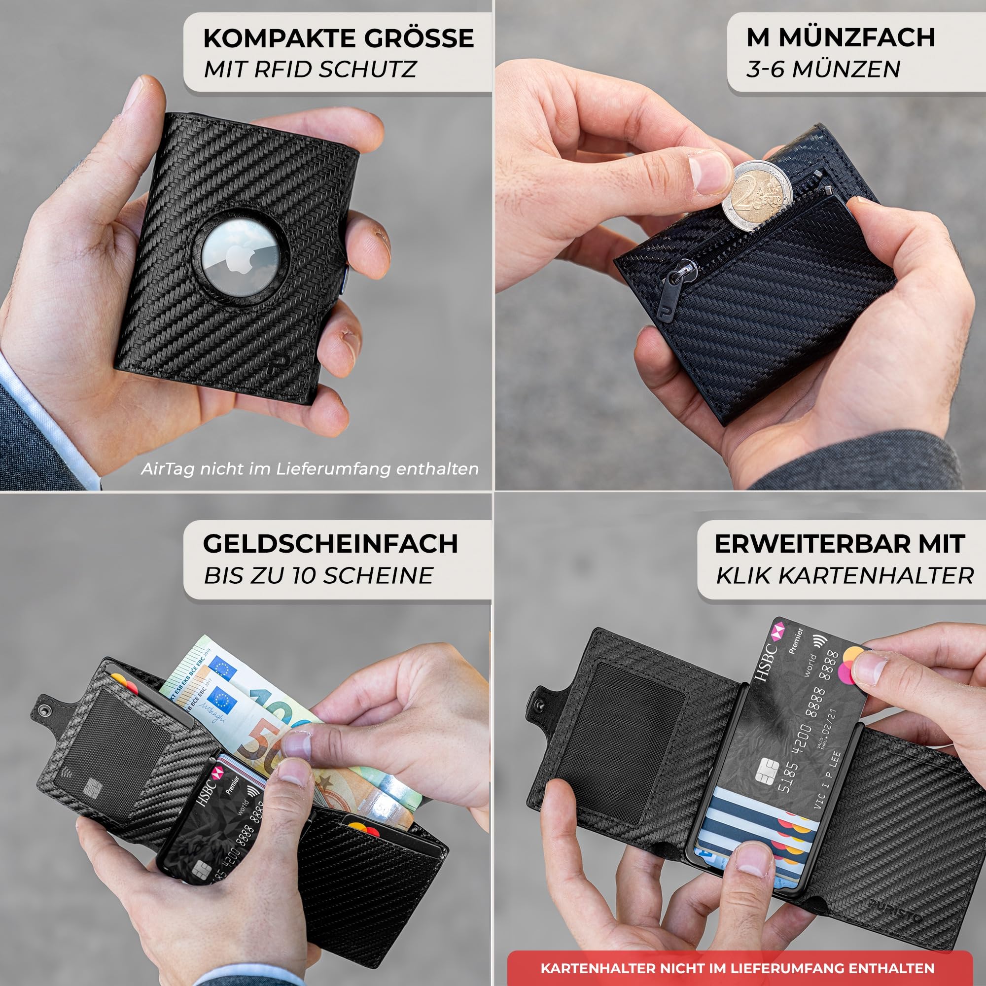 Bargeld-Tasche AirTag Erweiterung mit Münzfach für bestehendes KLIK Slim Wallet, Zusatz Austausch-Cover für Kartenhalter oder als Add-On mit RFID-Schutz